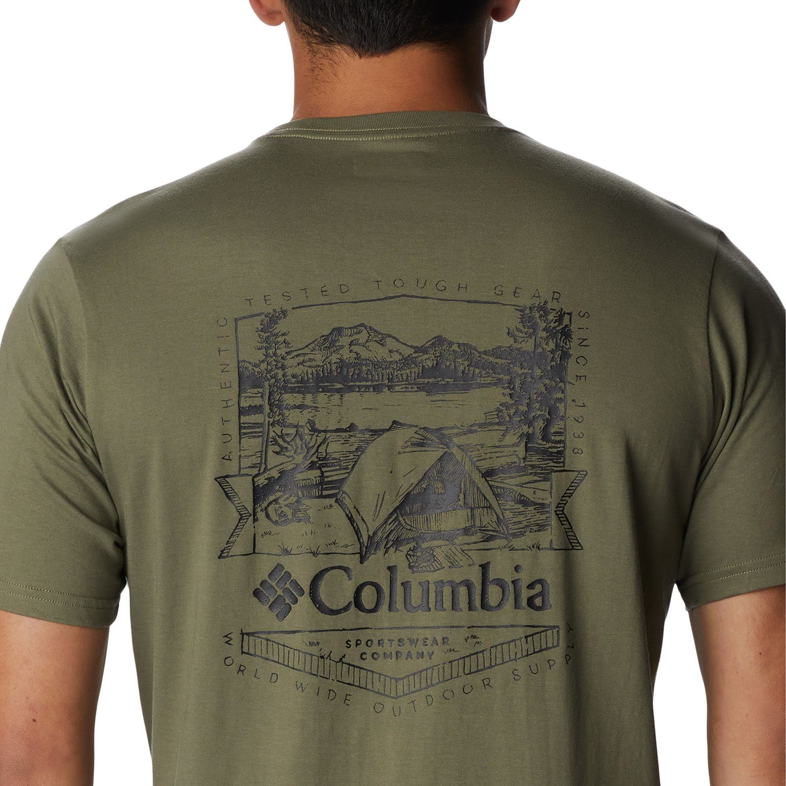 Rundhalsausschnitt River™ stone 397 Graphic Kurzarmshirt Columbia green T-Shirt Back mit Rockaway
