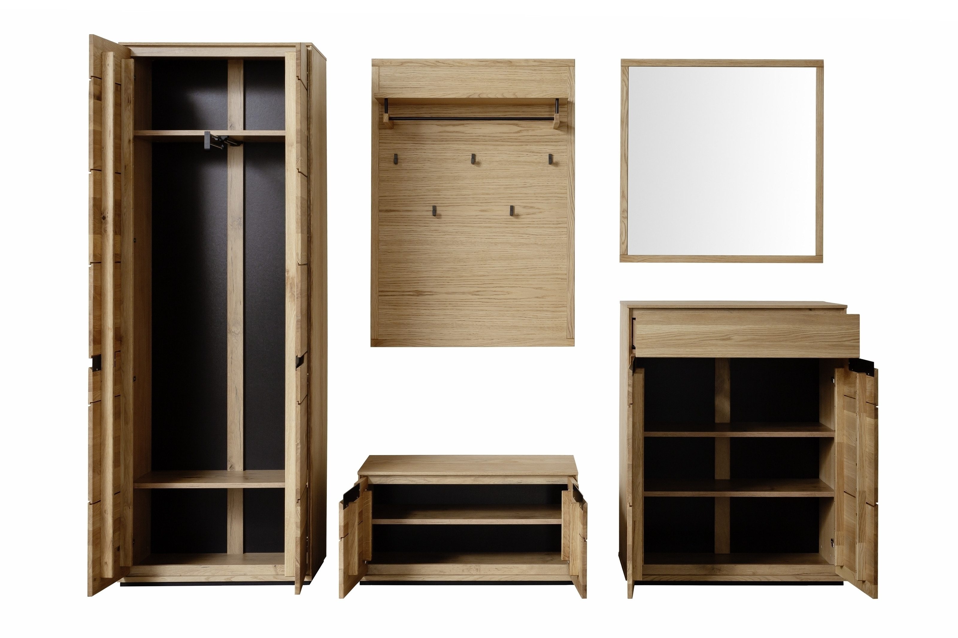freiraum Garderoben-Set ARAYA, (5-teilig) in Eiche teilmassiv - 227x195x40,5 (BxHxT)