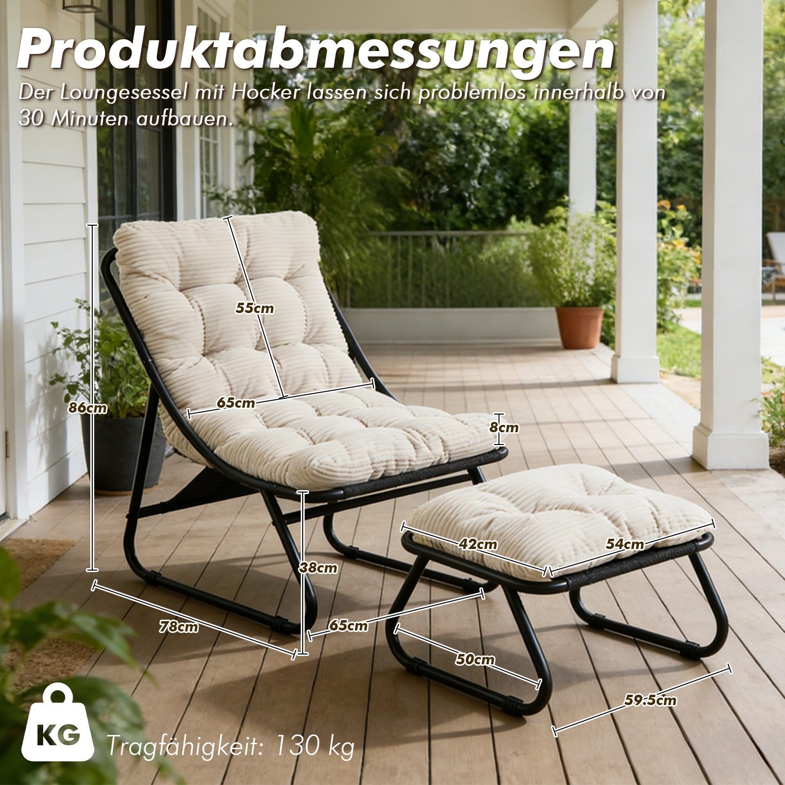 LVHOM Loungesessel mit Hocker, wasserdichtem Stahlrahmen, ergonomisch, für In-/Outdoor (Relaxsessel, bequeme Sitzfläche, Hocker als temporärer Sitz/Schuhwechselbank, rutschfestes Design, rostfreier Metallrahmen, Tragfähigkeit 130 kg), für Garten, Balkon, Wohnzimmer, Schlafzimmer, Arbeitszimmer, Innenhöfe
