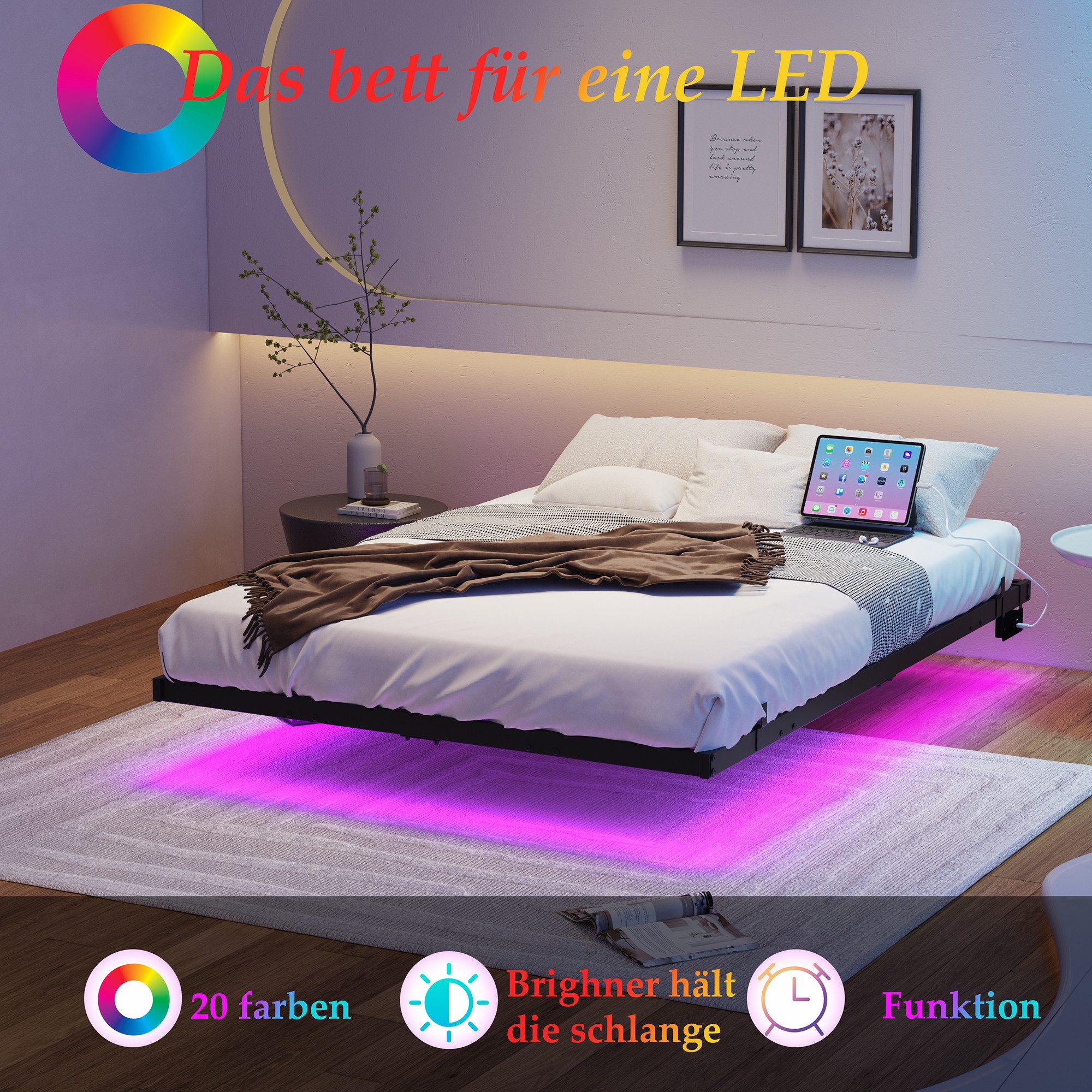 MODFU Metallbett integrierter Ladestation & robustem Lattenrost (modernes Schwebebett, mit LED-Lichtleiste, Metallbett 140x200 cm)