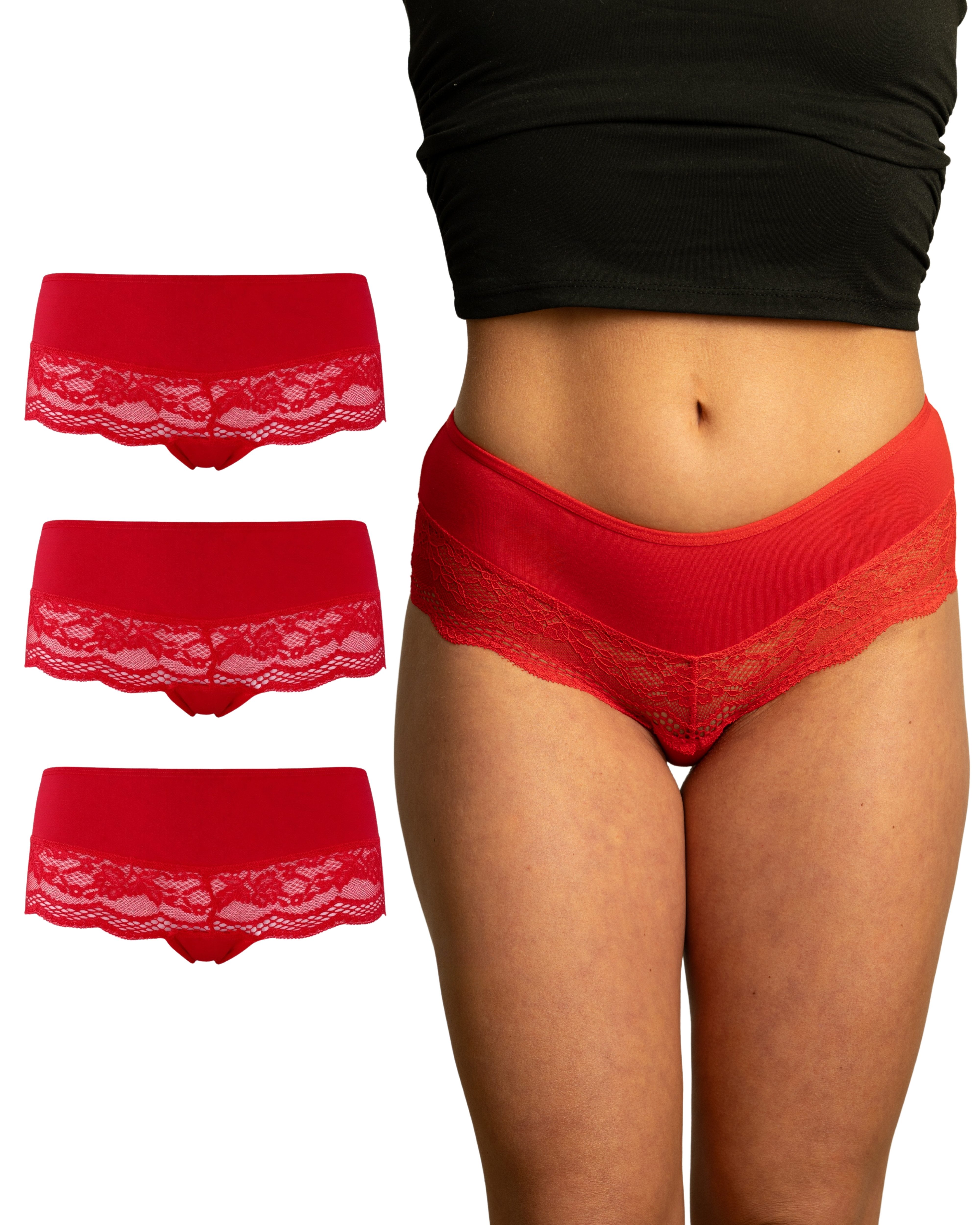 Benonetti Hipster Damen 3er Pack aus Baumwolle mit nahtloser Spitze (3er Set, 3er-Pack) Besondere Spitzen am Beinabschnitt