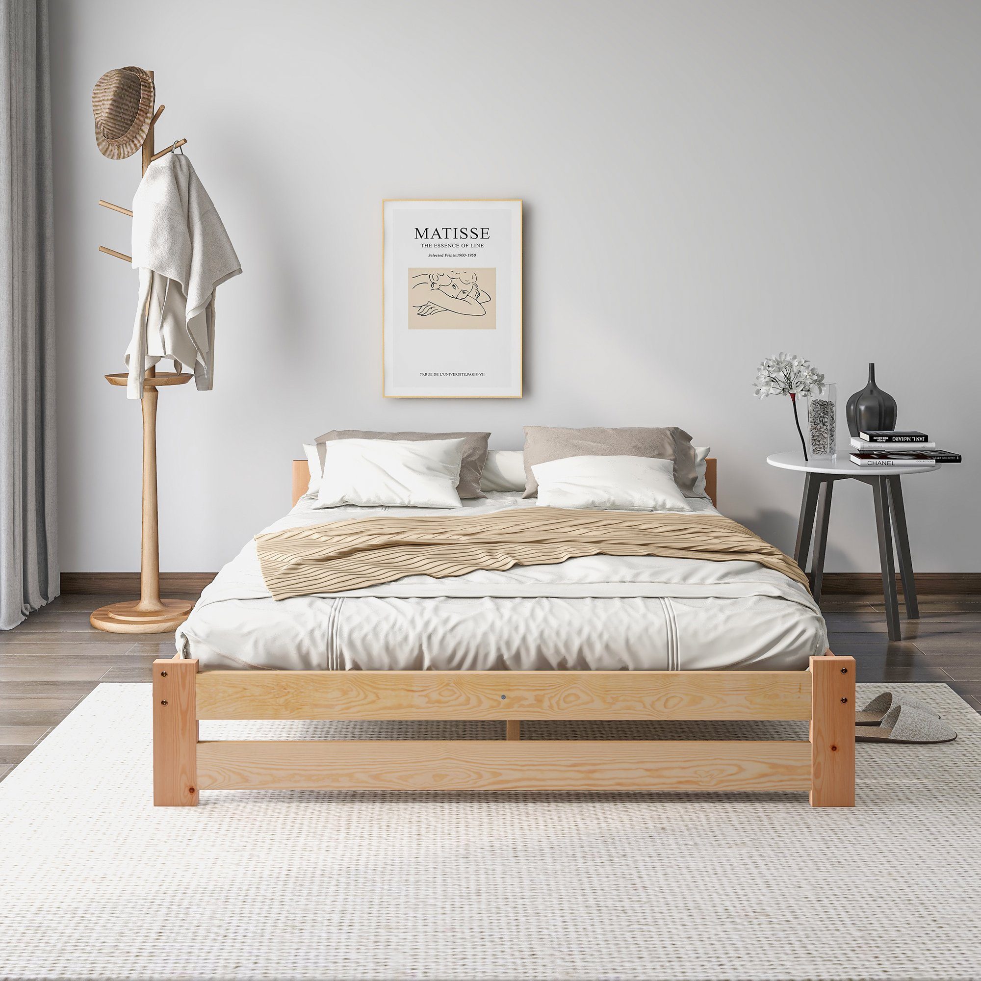 Futonbett (Doppelbett), Ehebett Massivholzbett mit Kopfteil und Lattenrost, 200x140cm