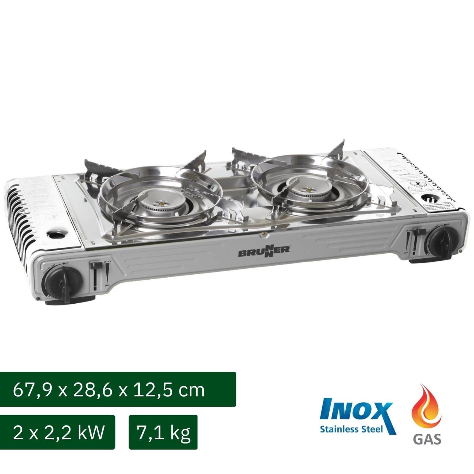 BRUNNER Gaskocher BRUNNER DEVIL DOUBLE GRILL Campingkocher Set Zweiflammig, Vielseitig, (Gaskocher + Grillplatte + Alu-Kasserolle)