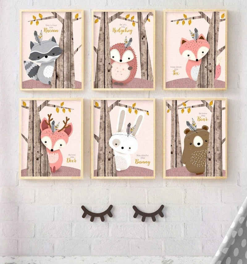 Pippolipo Poster, (6er Set), Bilder Babyzimmer Kinderzimmer Tiermotive Deko Wohnzimmer A4 Kinderposter Kinderbilder Tiere Waldtiere für Kinder Junge Mädchen, Modell A4P9