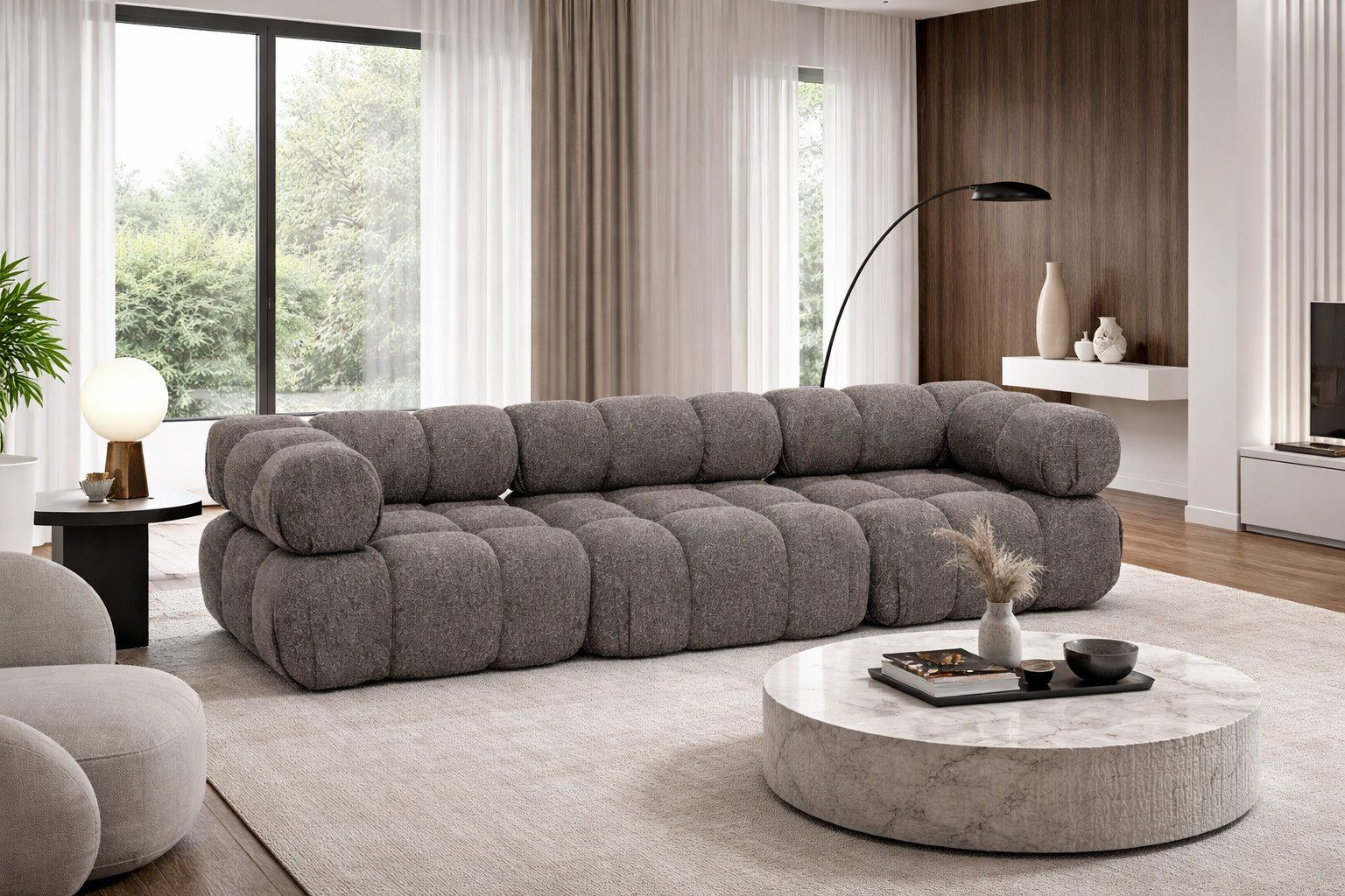 Kaiser Möbel Sofa Modulares 3-Sitzer-Sofa, gerade Couch, Bouclé-Stoff Abriamo, Selia, Bouclé-Stoff Abriamo,modulares System,weiche, abgerundete Form