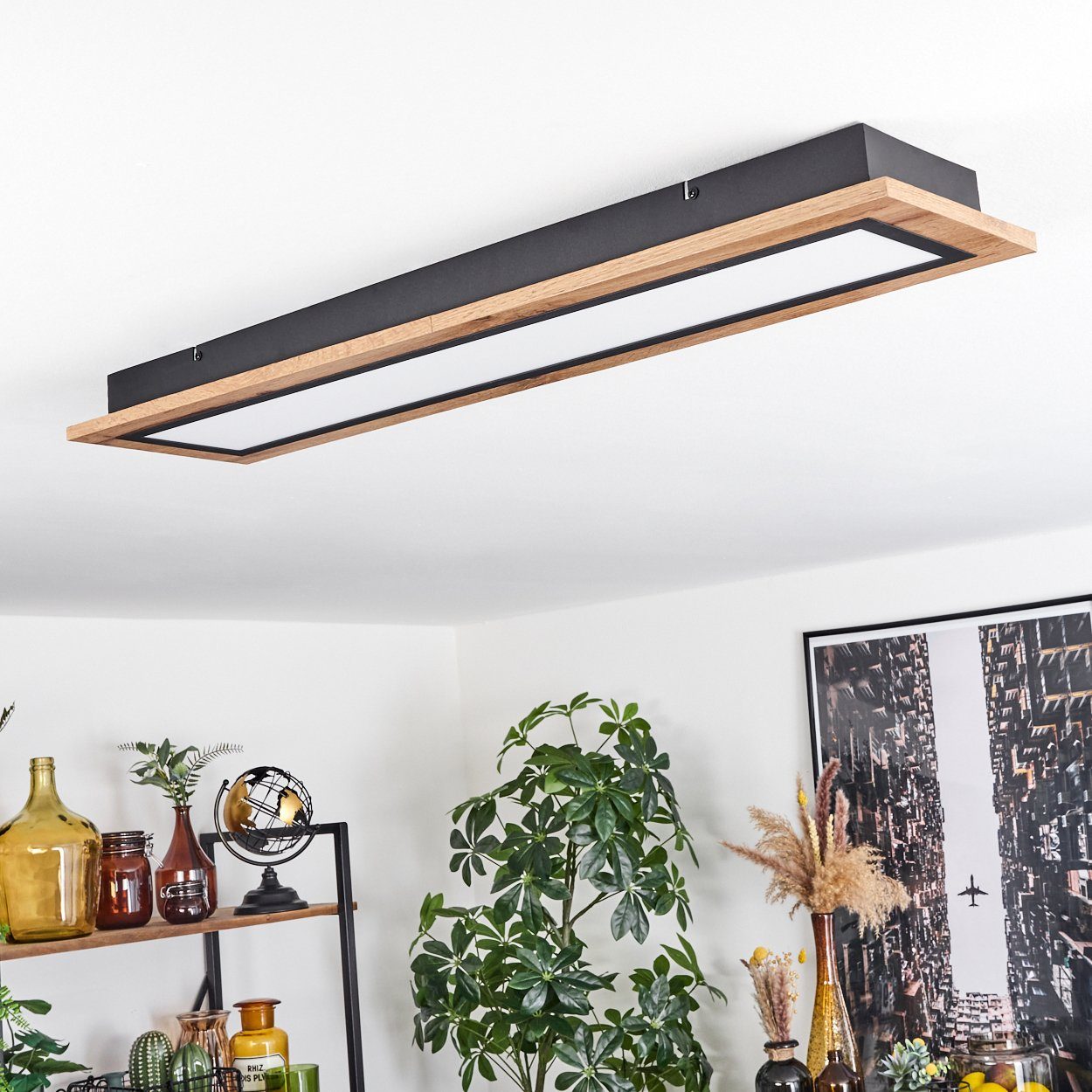 hofstein Deckenleuchte Deckenlampe aus Metall/MDF/Kunststoff in Schwarz/Holzoptik/Weiß, LED fest integriert, 3000 Kelvin, (80cmx 20cm), dimmbar über Fernbedienu – Bild 5 von 5