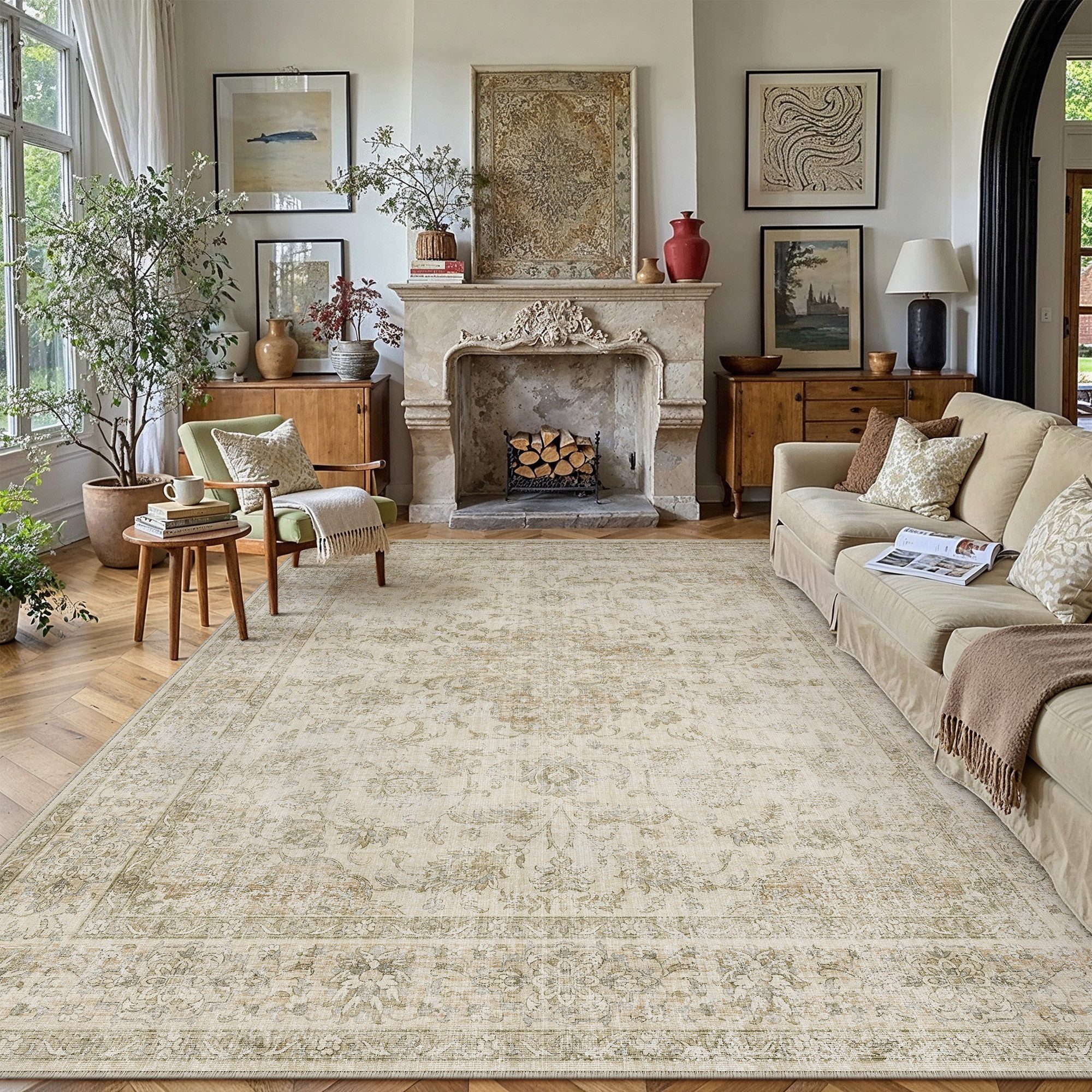 PURECOZY Teppich Kurzflor, Vintage Boho Teppich, rutschfest und pflegeleicht, rechteckig, Höhe: 5 mm, geeignet für verschiedene Innenräume, 300×400 cm