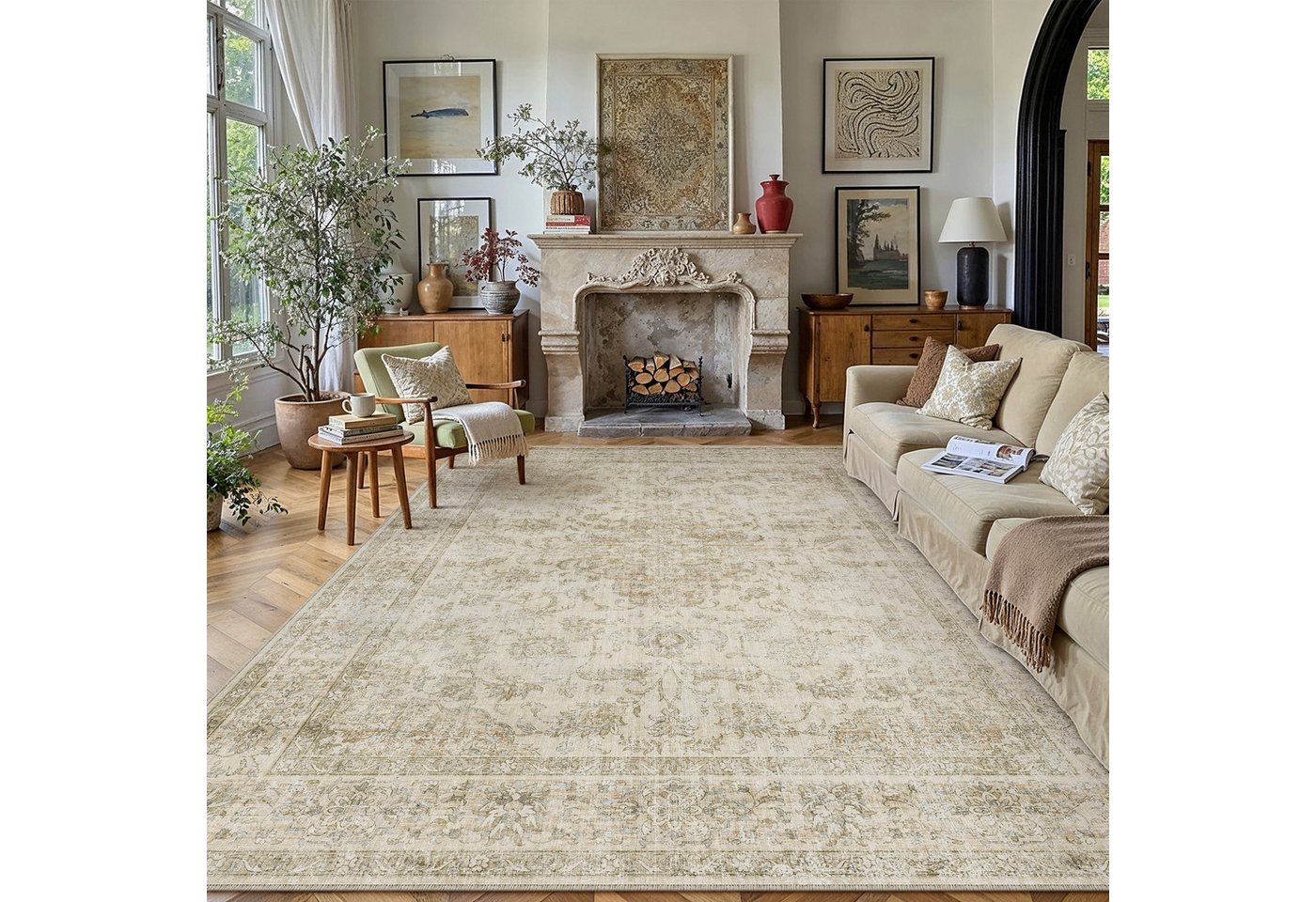 PURECOZY Teppich Kurzflor, Vintage Boho Teppich, rutschfest und pflegeleicht, rechteckig, Höhe: 5 mm, geeignet für verschiedene Innenräume, 300×400 cm