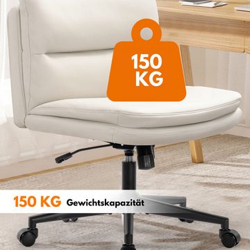 SeedWave Drehstuhl PU-Leder Bürostuhl ohne Armlehne, Polster-Kreuzstuhl mit Rollen, weiß, höhenverstellbar Schreibtischstuhl mit Wippfunktion, bis 150kg