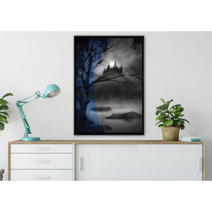 Pixxprint Leinwandbild Wald mit Burg bei Nacht Wanddekoration (1 St) Leinwandbild fertig bespannt in einem Schattenfugen-Bilderrahmen gefasst inkl. Zackenaufhänger