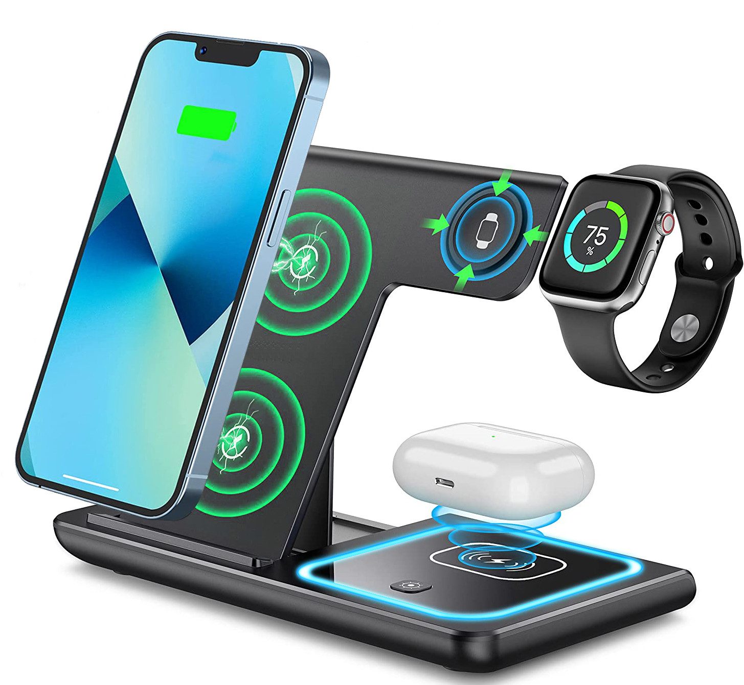 ibettertec Kabellose Ladegeräte, 3 in1 Faltbarer Induktive Ladestation Wireless Charger