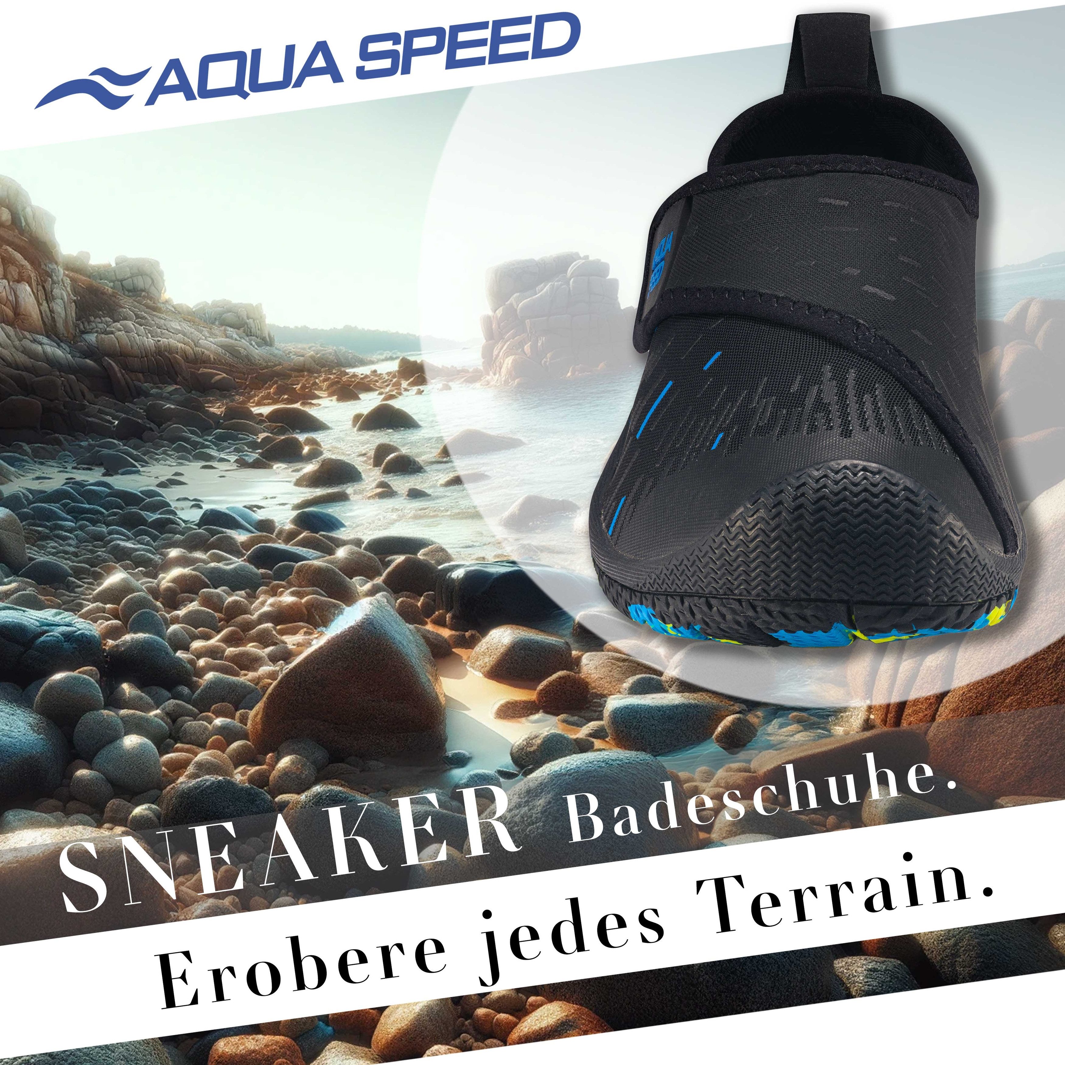 Aqua Speed Tegu Schwimmschuhe Gr. 35 – Schwarz/Blau mit Handtuchbeilage Wasserschuh (Rutschfeste Schuhe für See, Fluss & Freizeitbad) Trittsicher & flexibel – für Dusche, Steg & Strandpromenade