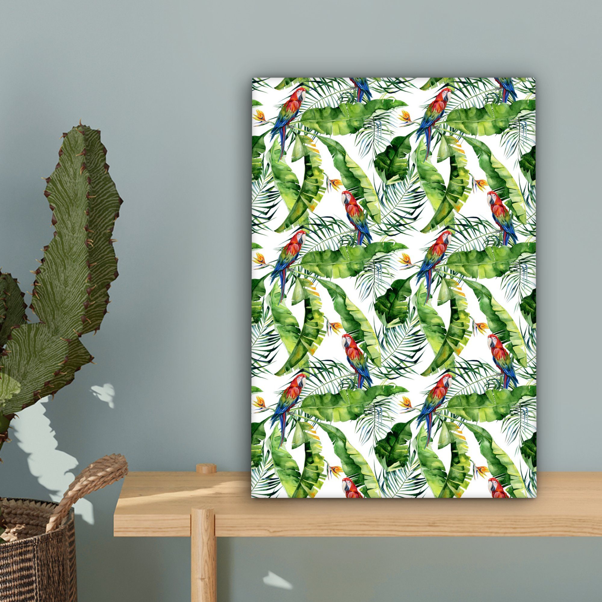 OneMillionCanvasses® Leinwandbild Zackenaufhänger, Leinwandbild Paradiesvogelpflanze Blätter, Papagei bespannt - - (1 Gemälde, St), cm 20x30 inkl. fertig