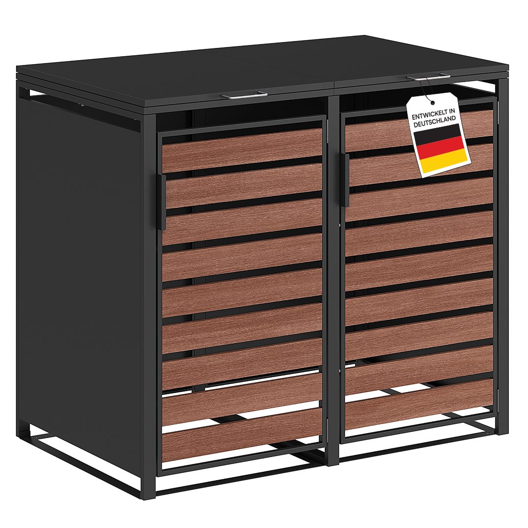 STEELSØN Mülltonnenbox Kestra 240L aus verzinktem Stahl, Müllcontainer wetterfest (Graphitschwarz/Nußbaum-Holz, verfügbar mit 1, 2, 3, 4, oder 5 Türen), für 2 Tonnen, mit Sichtstreifen Holzoptik
