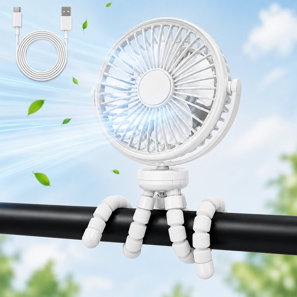 MOPUEA Standventilator Mini Ventilator,USB Tischventilator,360° Drehbar 3 Geschwindigkeiten, Tragbarer Multi Szene Ventilator mit Aufhängefunktion,Reisen, Autositz
