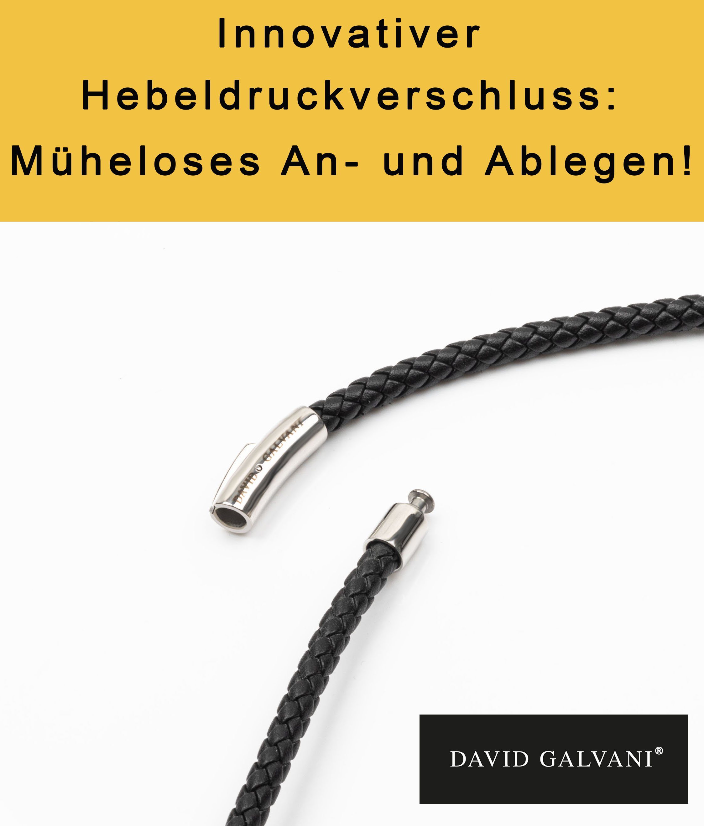 David Galvani Kette Silber in Edelstahl Lederkette Handmade mit Deutschland Herren Schwarz mit Beads, Anhänger