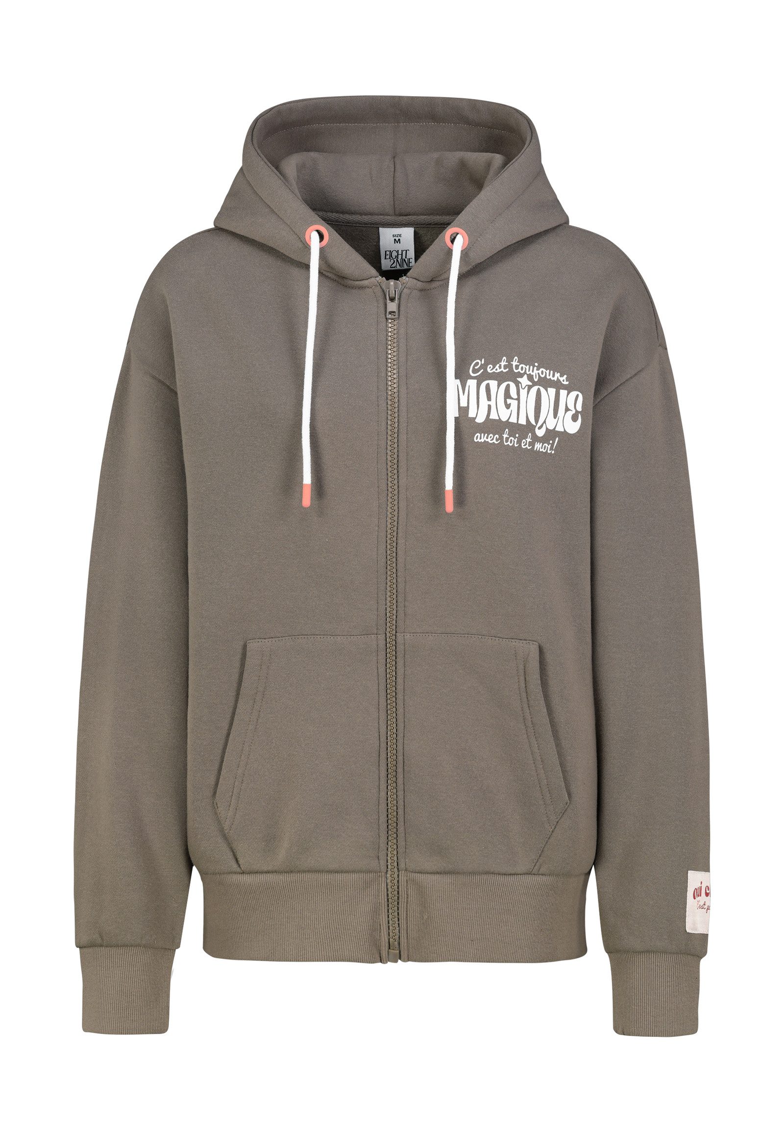 Eight2Nine Kapuzensweatjacke Damen ZIP Sweatjacke mit Backprint Hoodie, Kapuzenpullover, Zipperjacke mit Kängurutasche und Kapuze