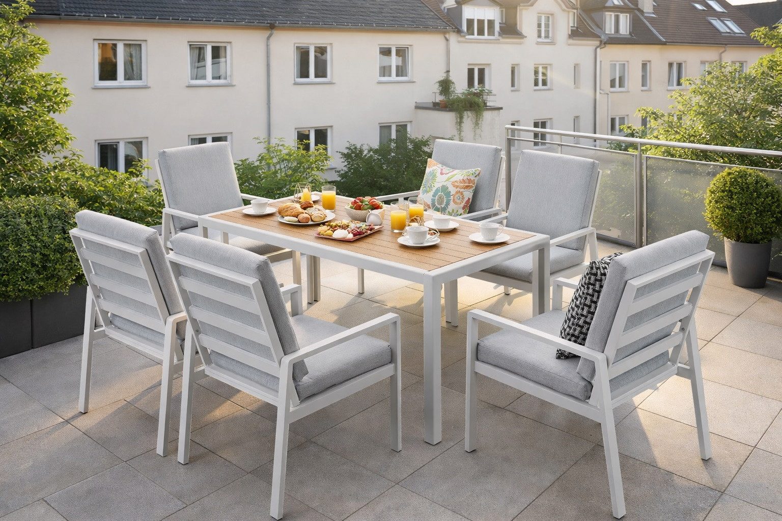 MeXo Gartenlounge-Set Gartenmöbel Set Aluminium Outdoor, (Garten-Essgruppe für 6 Personen, 7-tlg., mit Polywood Tisch & Auflagen), wetterfest für Terrasse & Garten