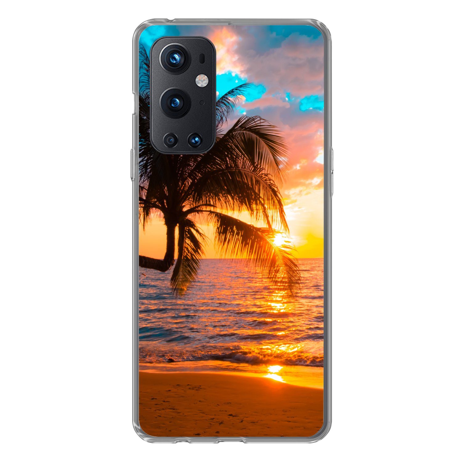 MuchoWow Handyhülle für OnePlus 9 Pro Palme - Sonnenuntergang - Horizont - Strand - Meer -, Phone Case, Silikon, Schutzhülle Dünn