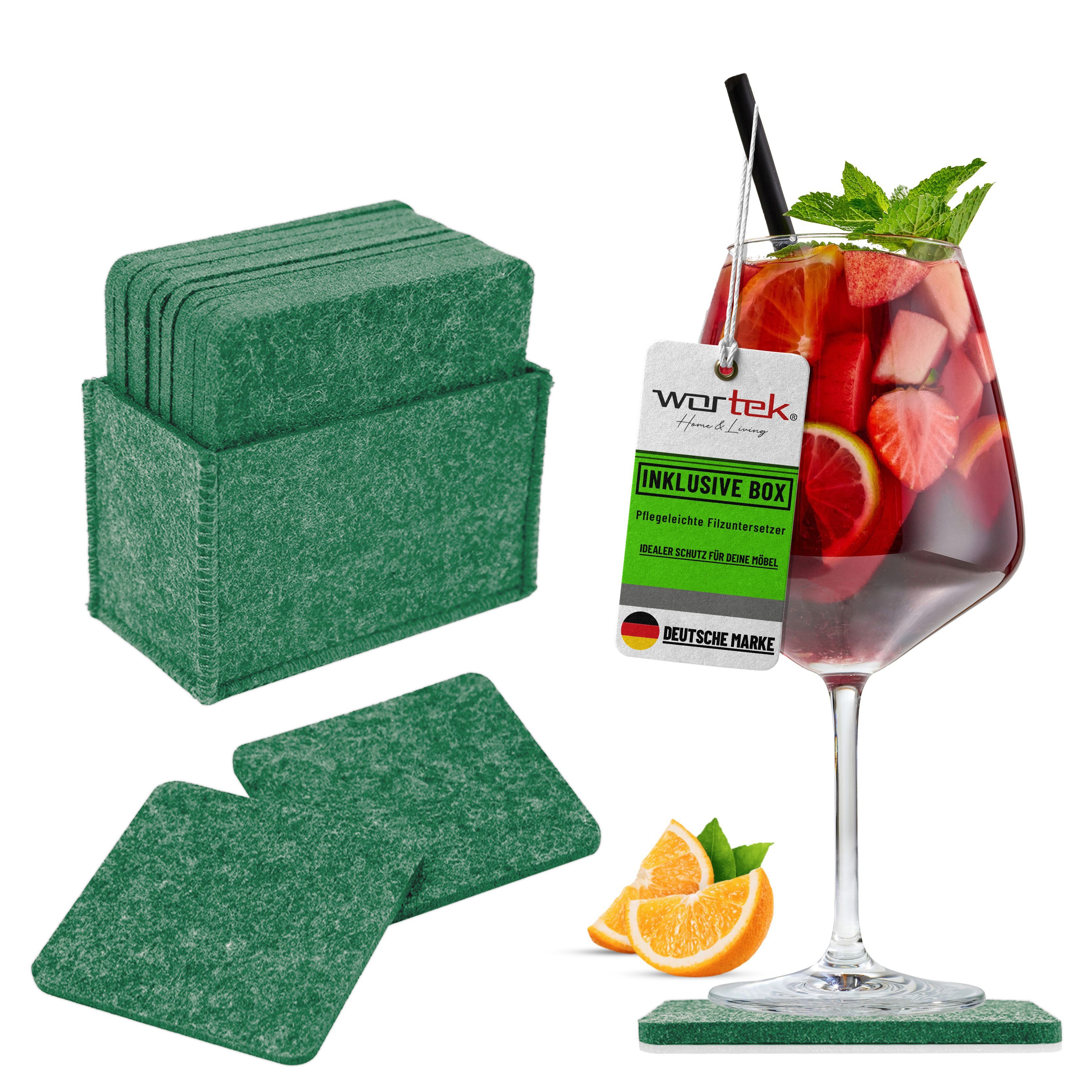 wortek Getränkeuntersetzer Filz-Untersetzer Eckig für Gläser 10er Set + Box, Zubehör für Tisch & Gläser, Set, 10-tlg., waschbare Getränke Glasuntersetzer Gläser, Tischuntersetzer Filz 10 cm
