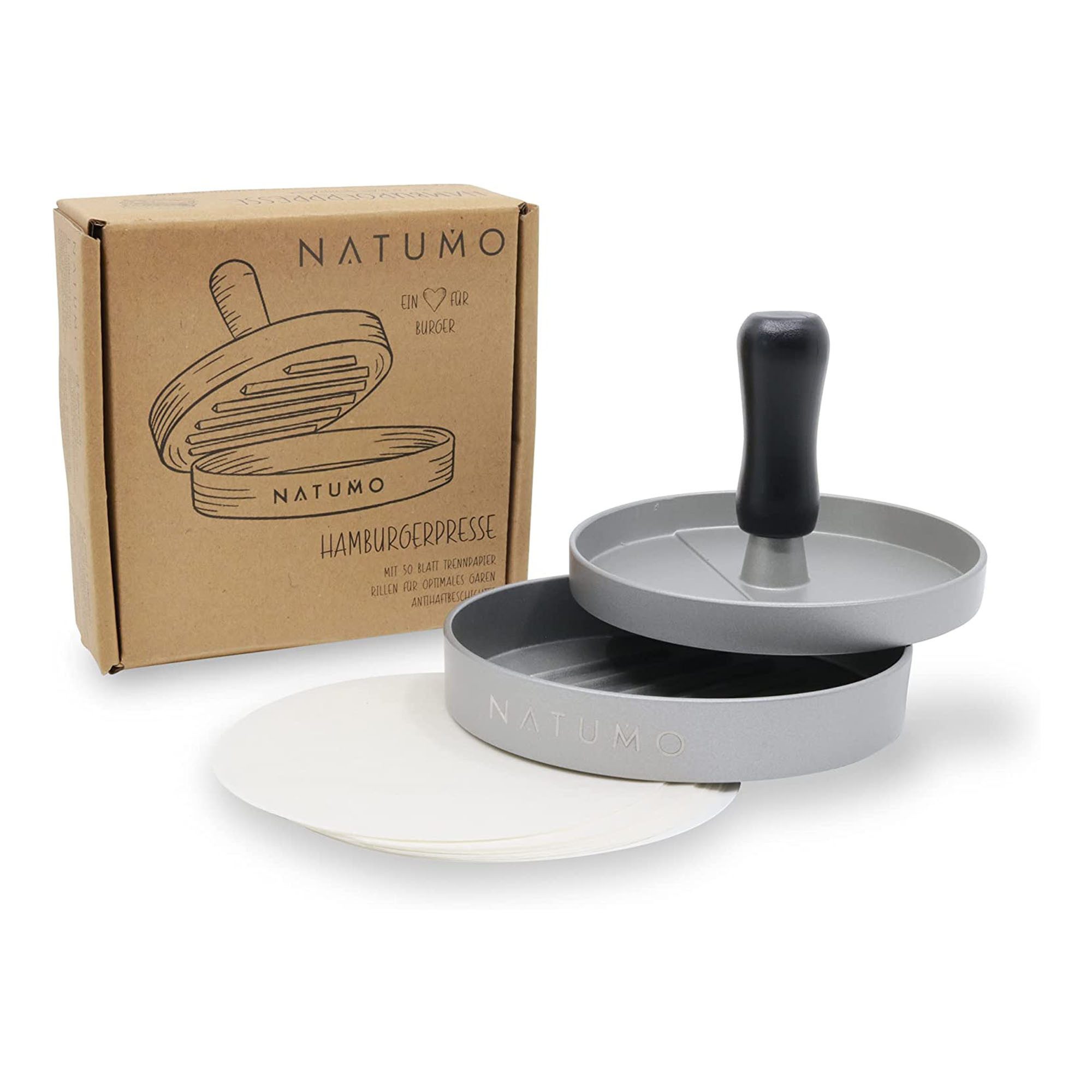 natumo Burgerpresse Burger Presse Silber + Papier, Alu-Guss