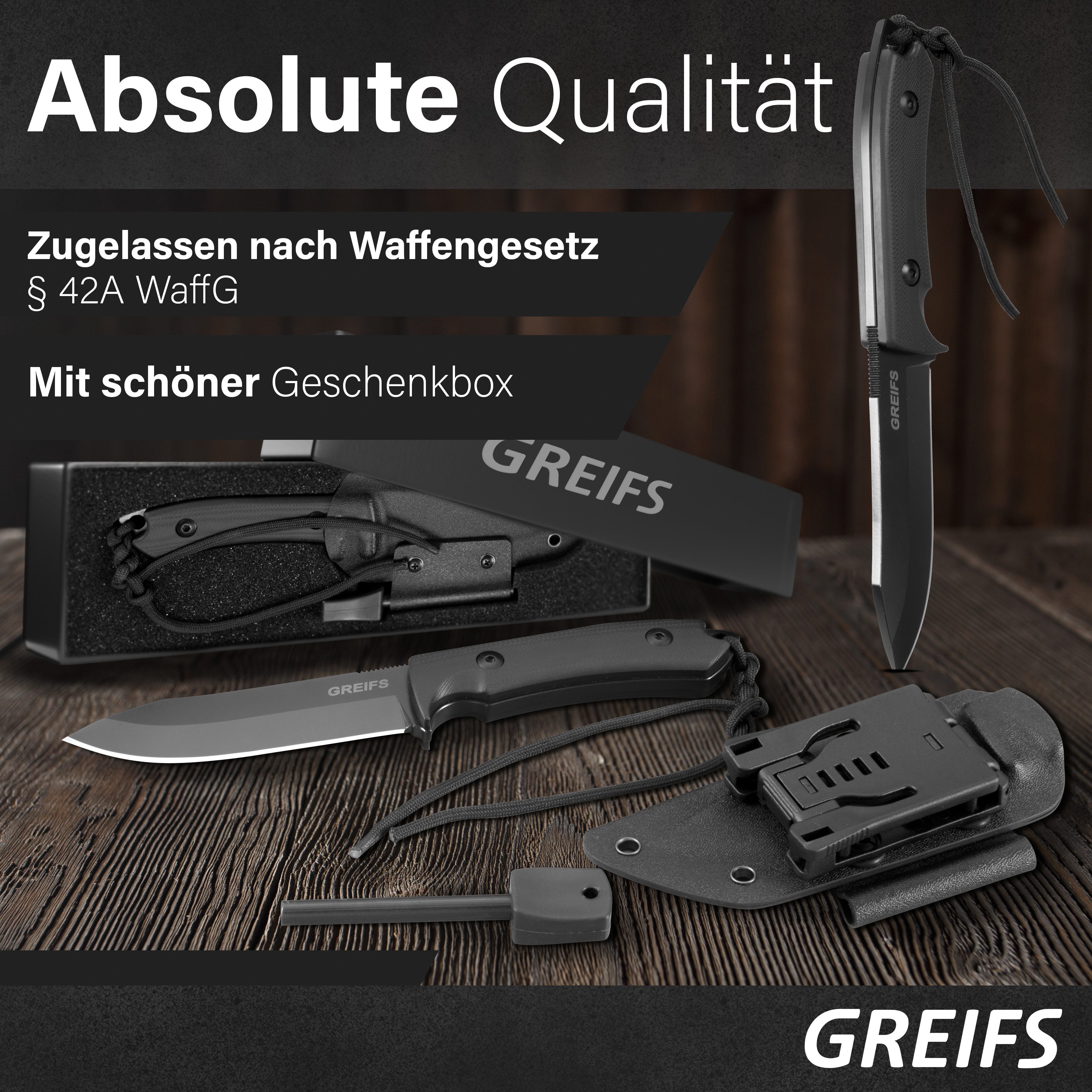 GREIFS Fahrtenmesser Outdoor-Messer MILAN aus D2 Stahl, Kydex Holster und Feuerstahl, black