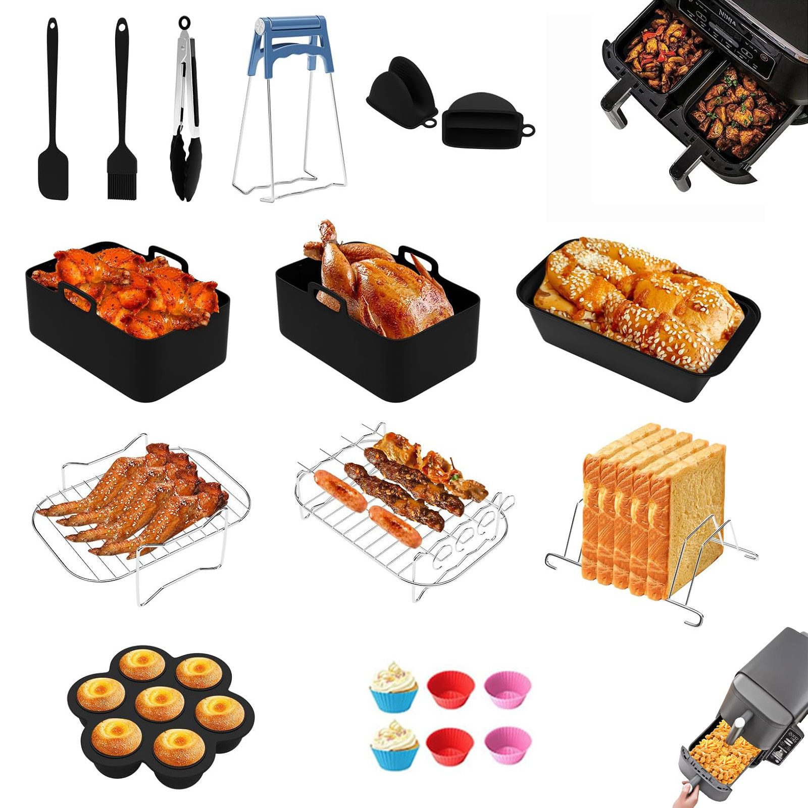 BlingBin Küchenmaschinen Zubehör-Set 19pcs Zubehör Heißluftfritteuse für Ninja Foodi AF300EU AF400EU, Zubehör für 7,6L-9,5L Dual-Airfryer und passt auch für größere Airfryer wie den Ninja 7,6L (AF300EU), 9,5L (AF400EU), Princess 8L (182074), Innsky 8L, Em