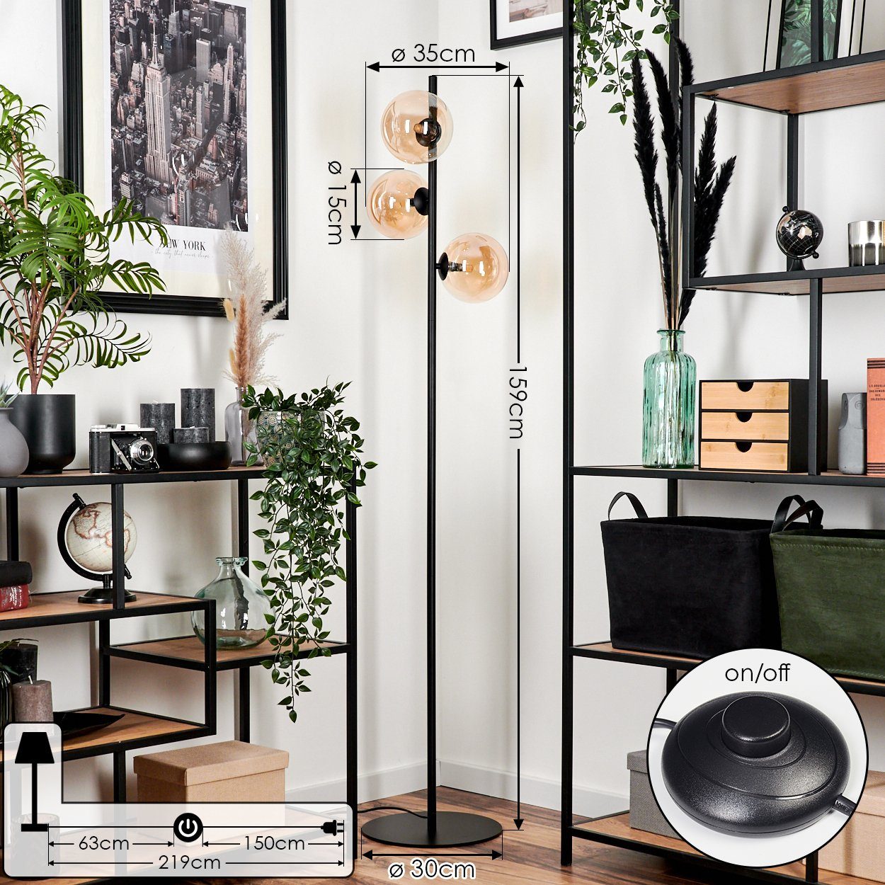 hofstein Stehlampe Stehlampe aus Metall/Glas in Schwarz/Bernsteinfarben, ohne Leuchtmittel, Standlampe im Retro-Design aus Glas, 3 x G9, ohne Leuchtmittel – Bild 4 von 5