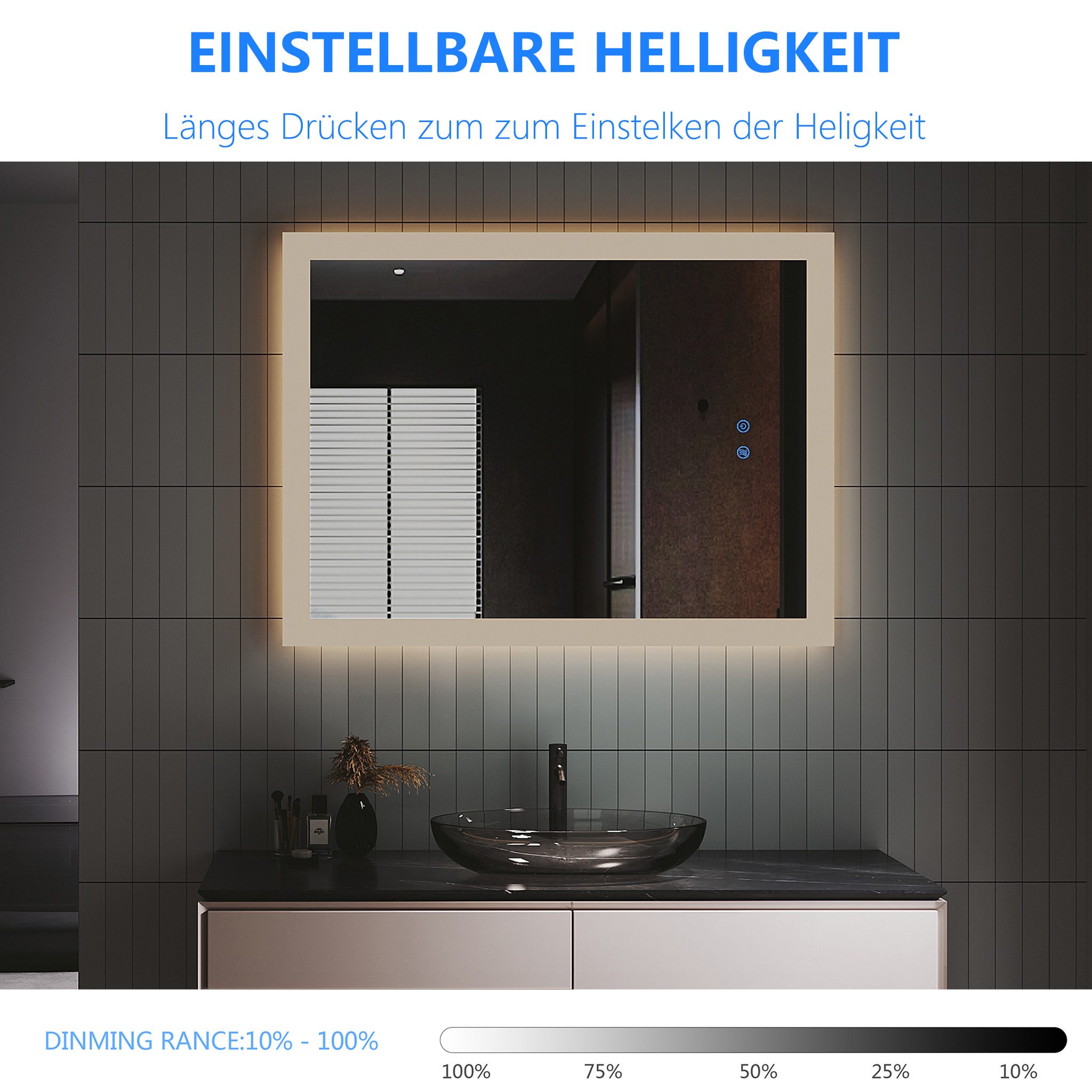 IMPTS Badspiegel Badezimmer Bad Wandspiegel mit LED Beleuchtung Beschlagfrei Dimmbar (Packung, Speicherfunktion, Beschlagfrei, Touch-Schalter, Energiesparend),  – Bild 5 von 5