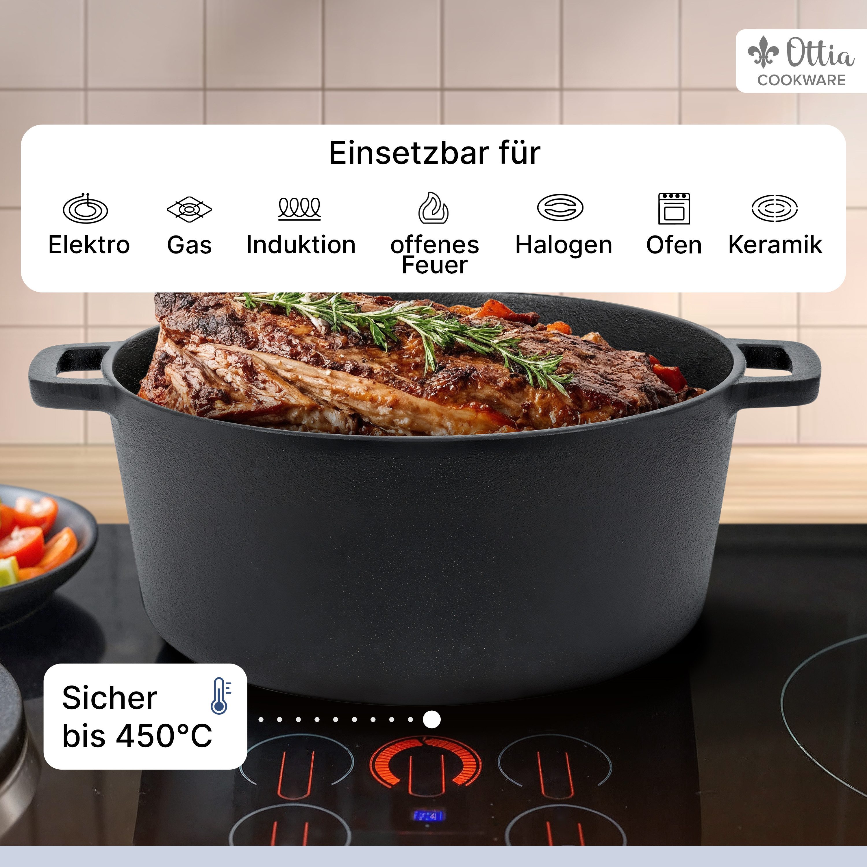 Ottia Schmortopf Gusseisen Topf, Brot backen, Dutch Oven, 2-in-1, 26cm, 5 Liter, Gusseisen (fertig eingebrannt, inkl. E-Book), Händler aus Hamburg