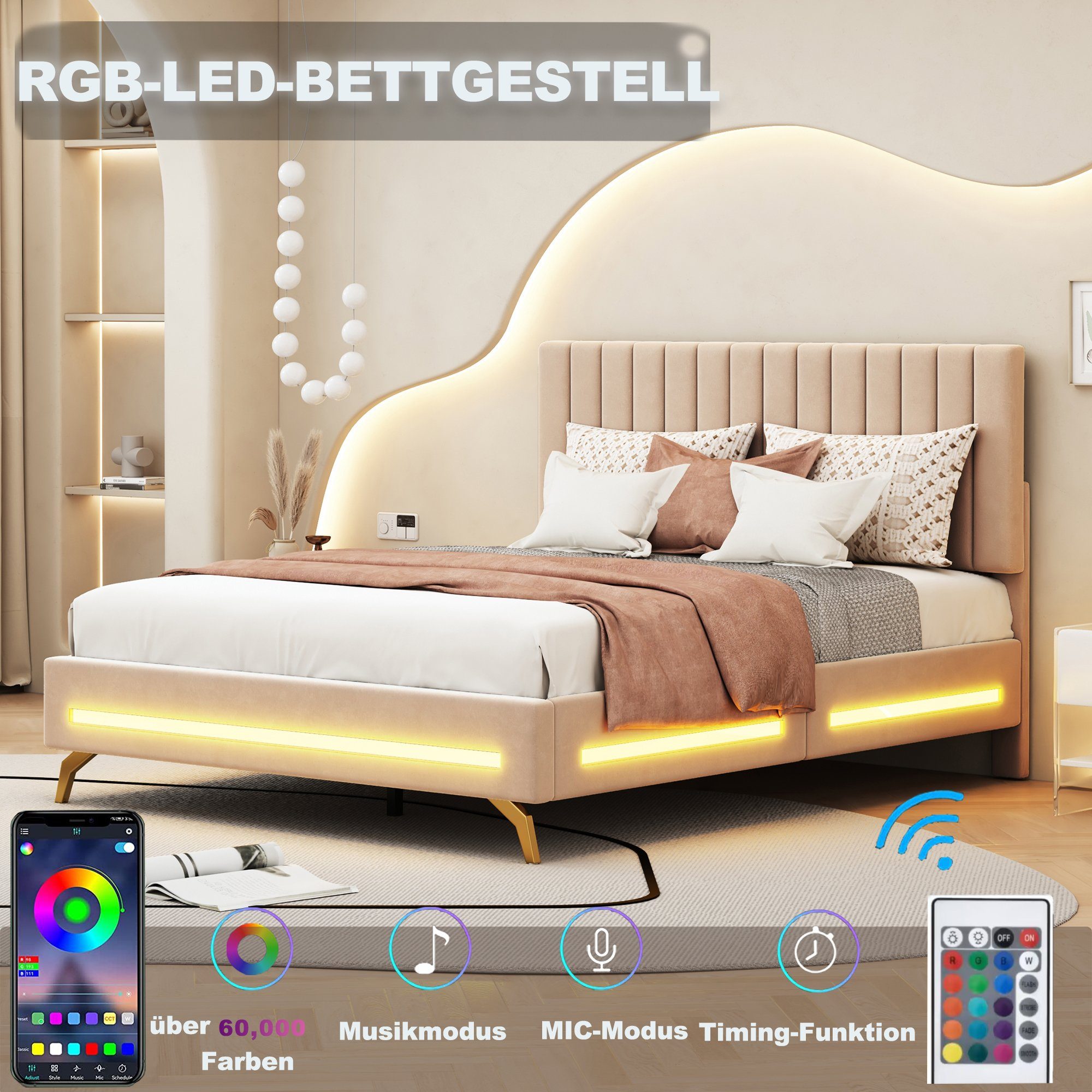 Polsterbett (Doppelbett), mit verstellbarem Kopfteil und LED Beleuchtung, Samt, 140x200cm