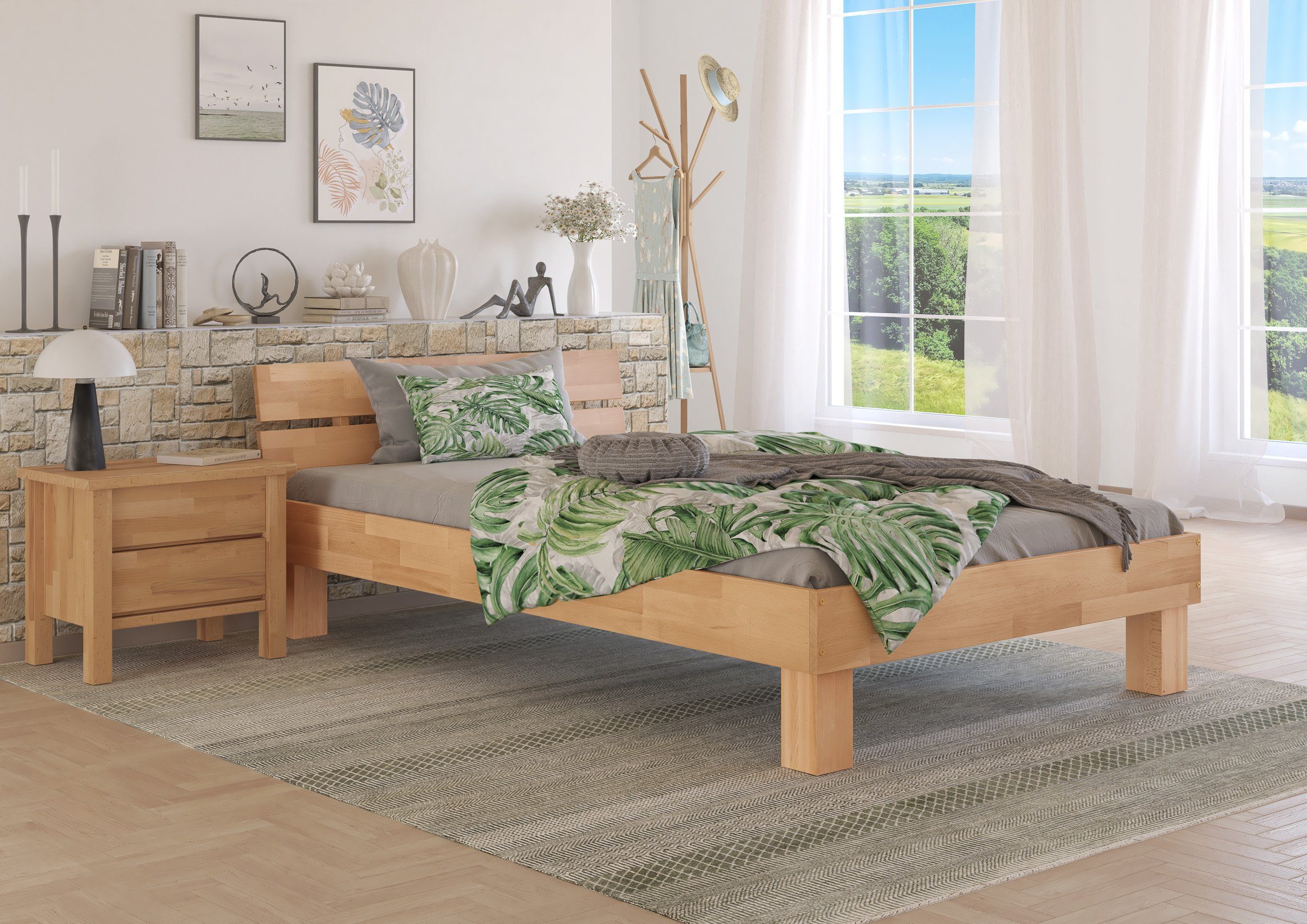 ERST-HOLZ Massivholzbett Breiteres Einzelbett Gästebett Buche Massiv Überlänge 120 x 220 cm, Buche geölt