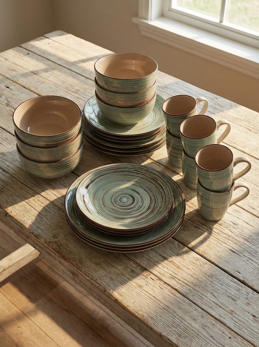 steinwohn Frühstücks-Geschirrset Keramik Frühstücks-Service 12-/18-teilig für 4 oder 6 Personen (18-tlg), Vintage Look, Spülmaschinen- & Mikrowellengeeignet