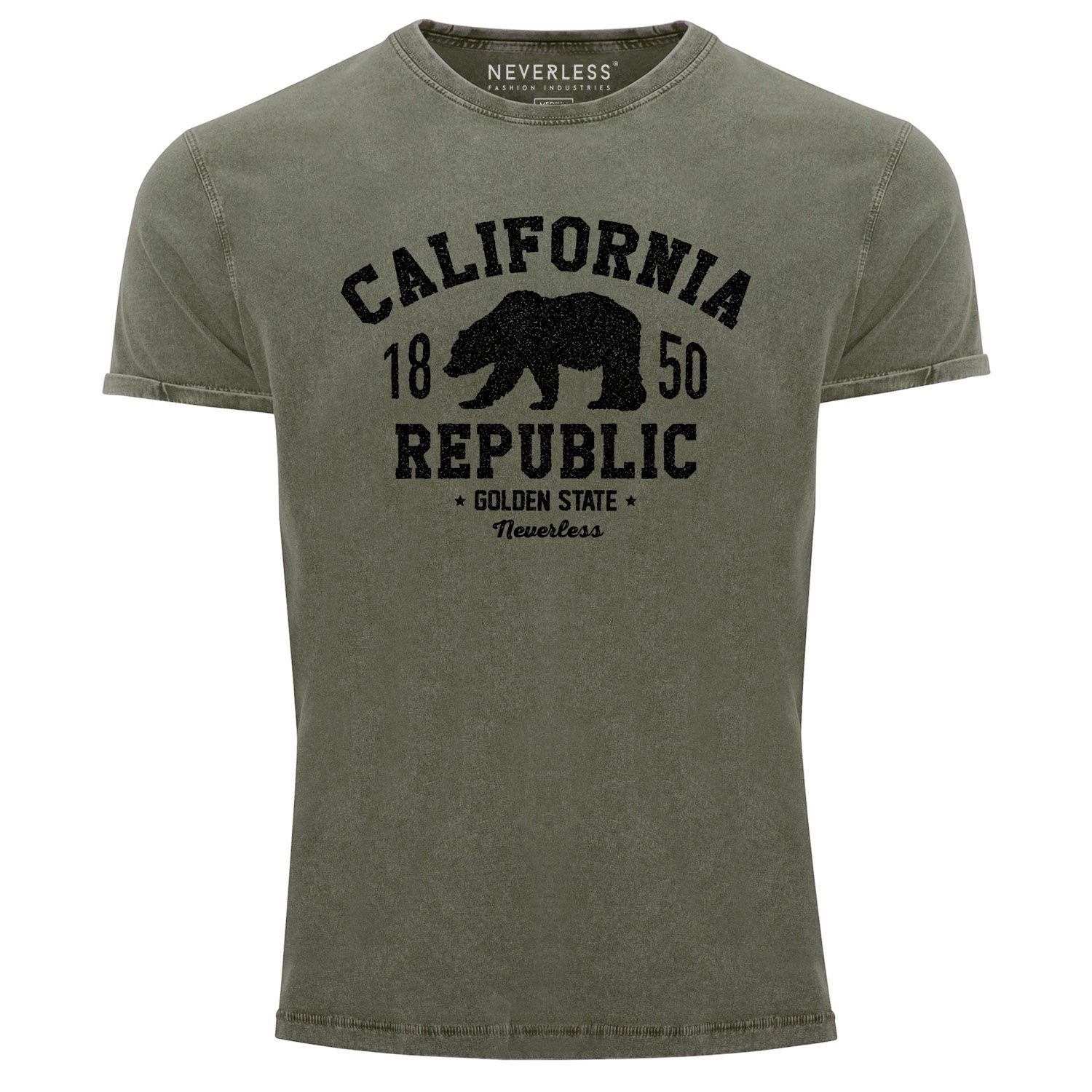 Neverless Print-Shirt Neverless® Herren T-Shirt Vintage Shirt Printshirt California Republic Kalifornien Golden State Grizzly Bär Bear Logo Used Look Slim Fit mit Print oliv