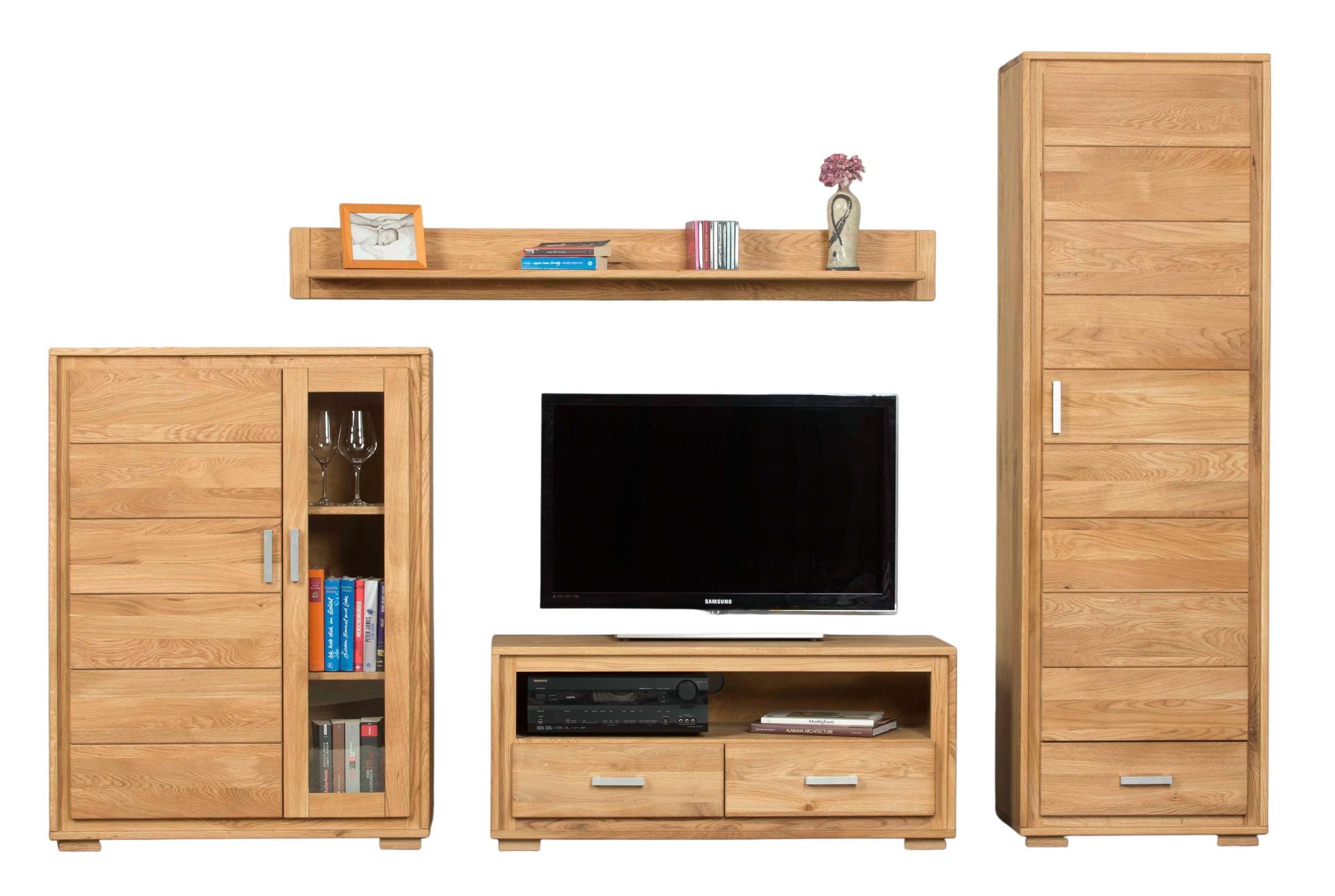 Trendmöbel24 Wohnwand Wohnwand Basel Set IIX 4-teilig Wildeiche Massivholz geölt, (Komplett-Set, 4-St., Schrank, Lowboard, Halb-Vitrine, Wandboard)