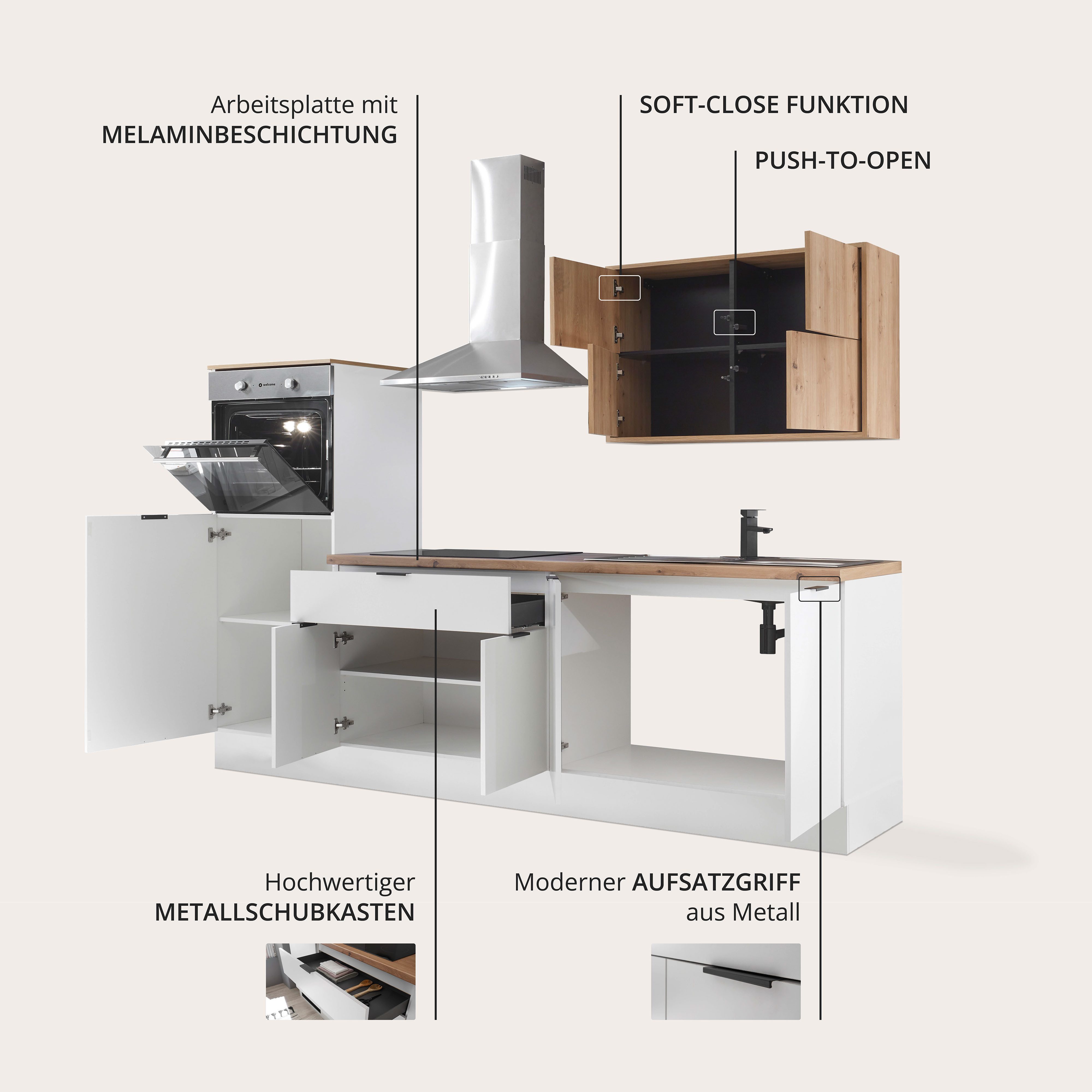 KOCHSTATION Küchenzeile KS-Georgia, mit 38mm starker Arbeitsplatte, Breite 250 cm, wahlweise mit E-Geräten und Kühlschrank