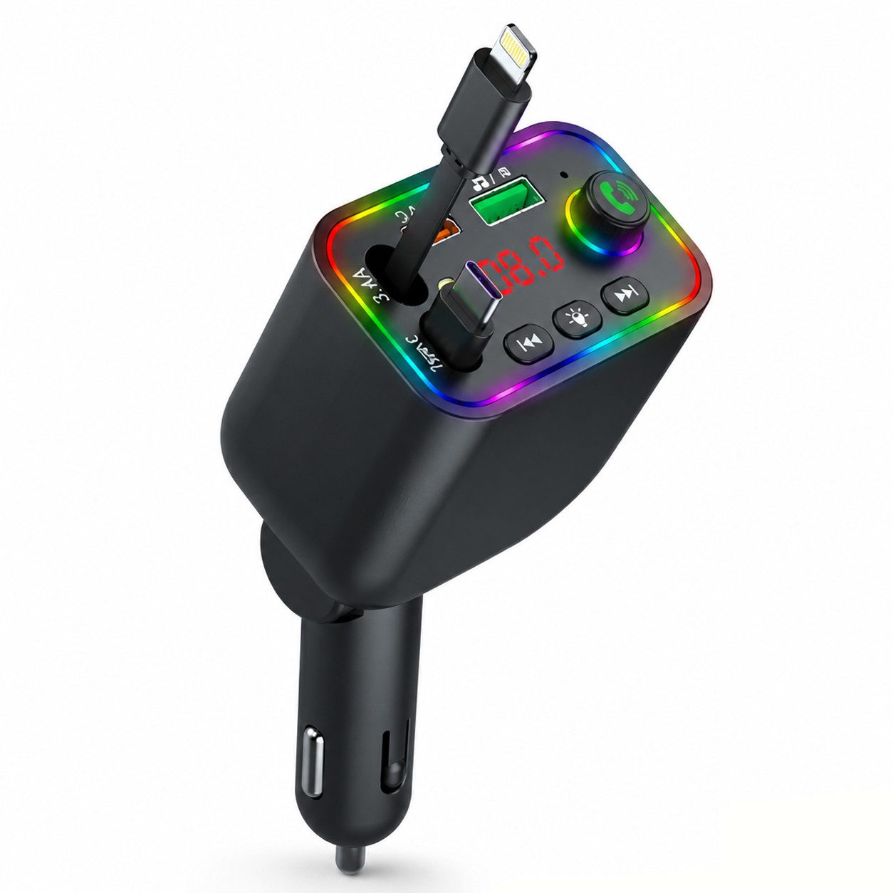 ibettertec Bluetooth FM 5.3Transmitter für Auto,PD3.0/PP/PPSQC4.0+AFC Schnelllade USB-Ladegerät (Bluetooth FM Transmitter Auto zu mit Dual einziehbaren Kabeln)