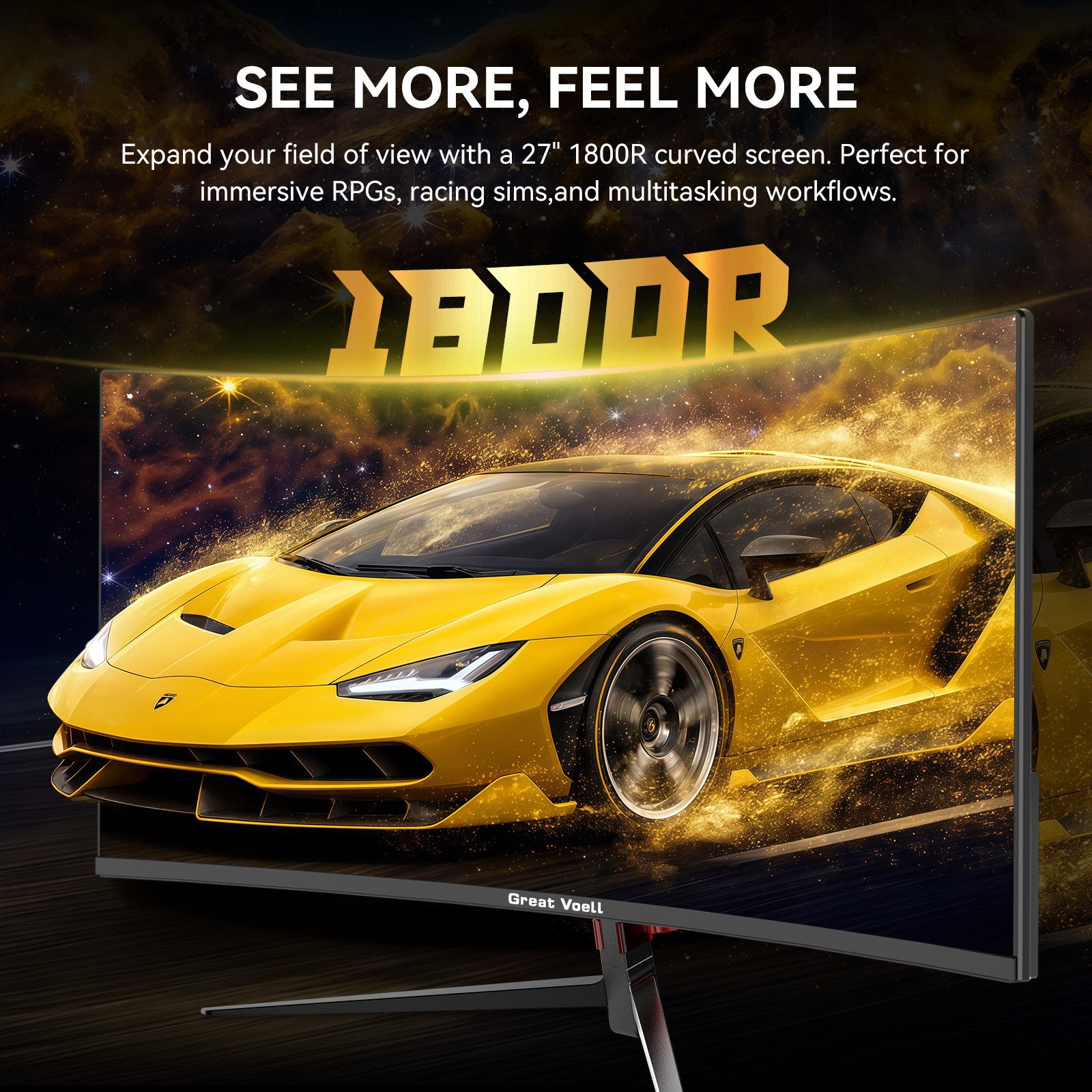 Great Voell 27 Zoll QHD 2K, 1800R, 165Hz, Rahmenlos Curved-Gaming-Monitor (69 cm/27 ", 2560 x 1440 px, QHD, 1 ms Reaktionszeit, 165 Hz, VA LED, HDR, FreeSync, VESA, HDMI & DP, 1440px, 165Hz, 2K)