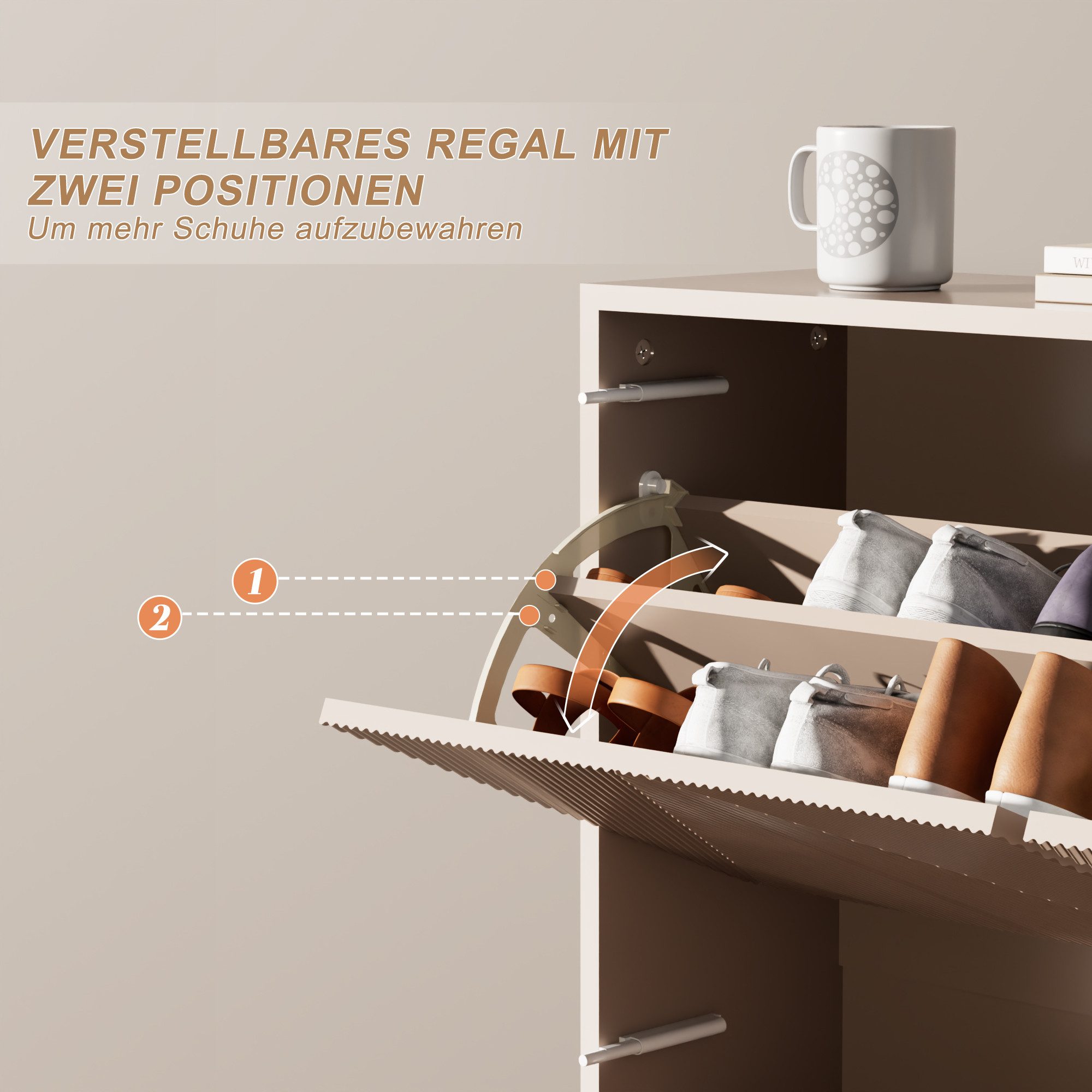UEV Schuhschrank schmaler Schuhschrank mit 4 Klappen, Schukipper Schuhregal 100x24x91cm Schuhkommode mit Kippschutz & Drucktür & Verstellbarer Trennwände – Bild 3 von 5
