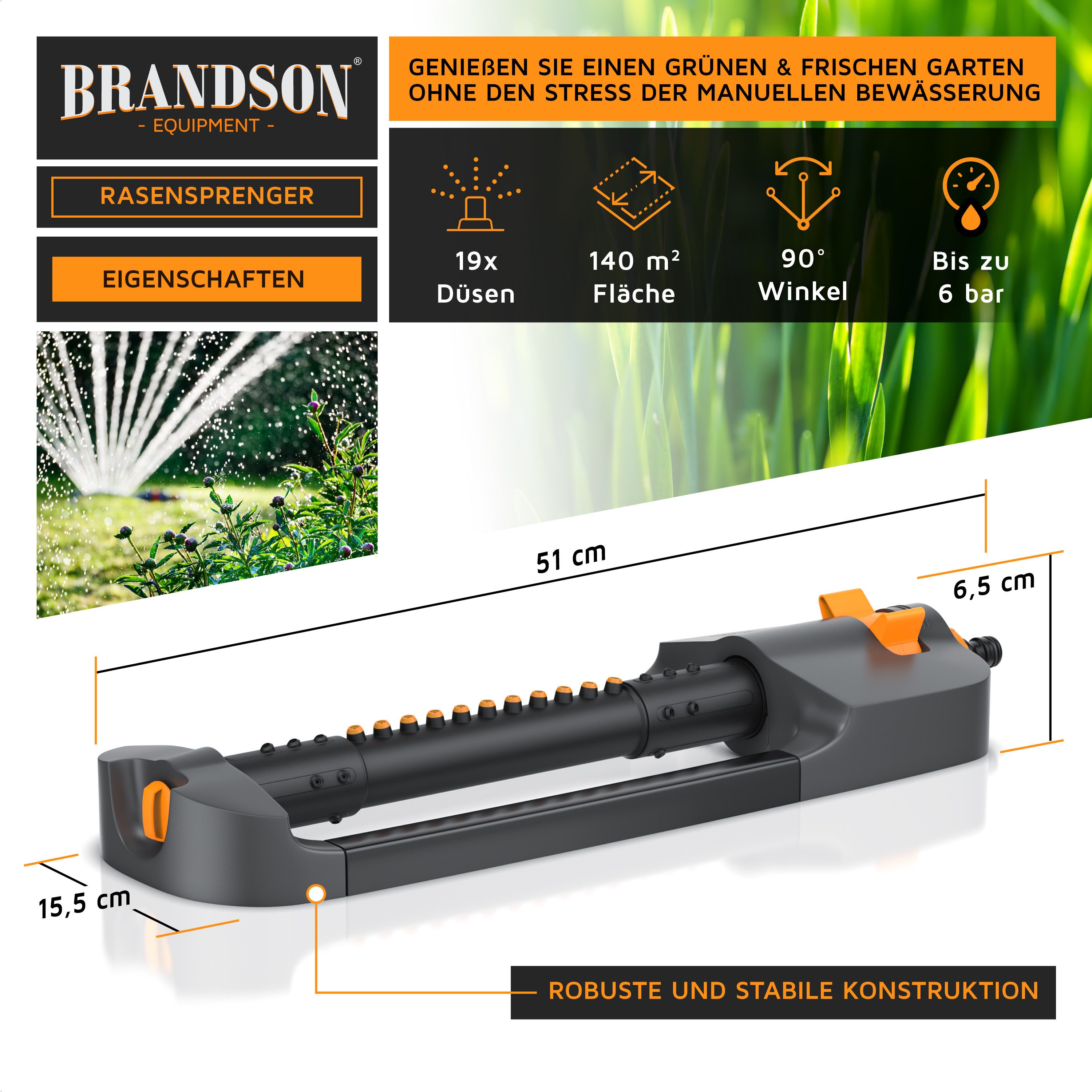 Brandson Viereckregner Garten Rasensprenger, Vierecksprenger, Oszillations-Regner, Sprinkler, für Flächen bis 140 m², (1-St), 19 Düsen, 13m Reichweite, Wasserfilter, Reinigungsstift, 1/2 Zoll