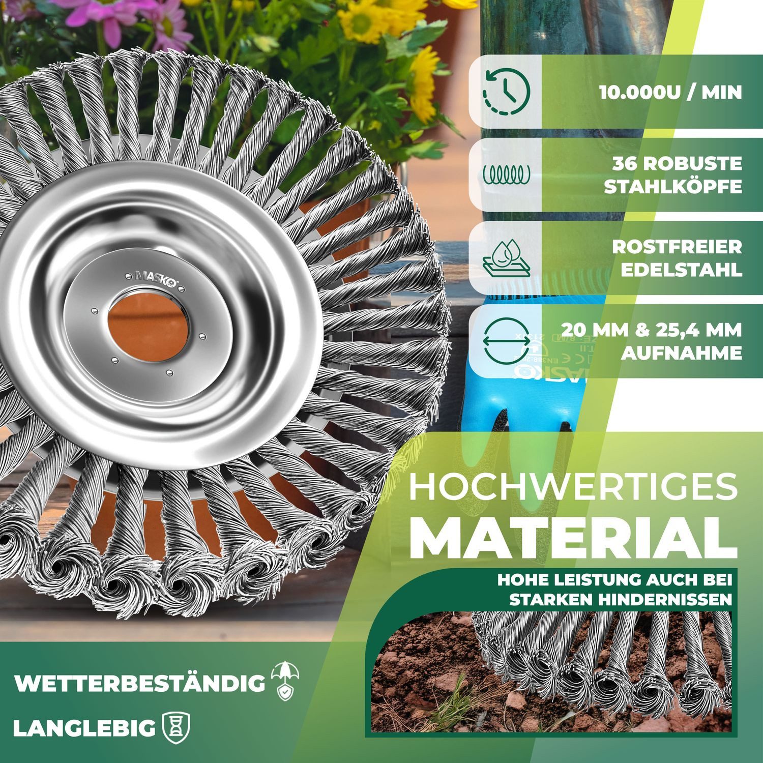 MASKO Ersatzbürste Unkrautbürste für Freischneider & Motorsense 25,4 & 20mm Bohrung, Freischneider, (Wildkrautbürste Edelstahl Bürste inkl. Montagezubehör-Set & Handschuhe), Drahtbürste zur effektiven Unkrautentfernung ua. kompatibel mit Stihl