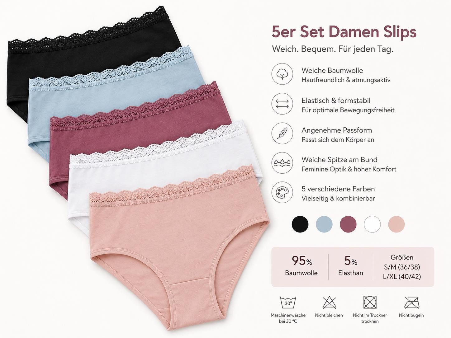 EloModa Slip 6er Set Damen Slips Baumwolle Unterhosen weich elastischer Bund (5-St) 5er Set aus 95 % Baumwolle mit weichem elastischem Bund
