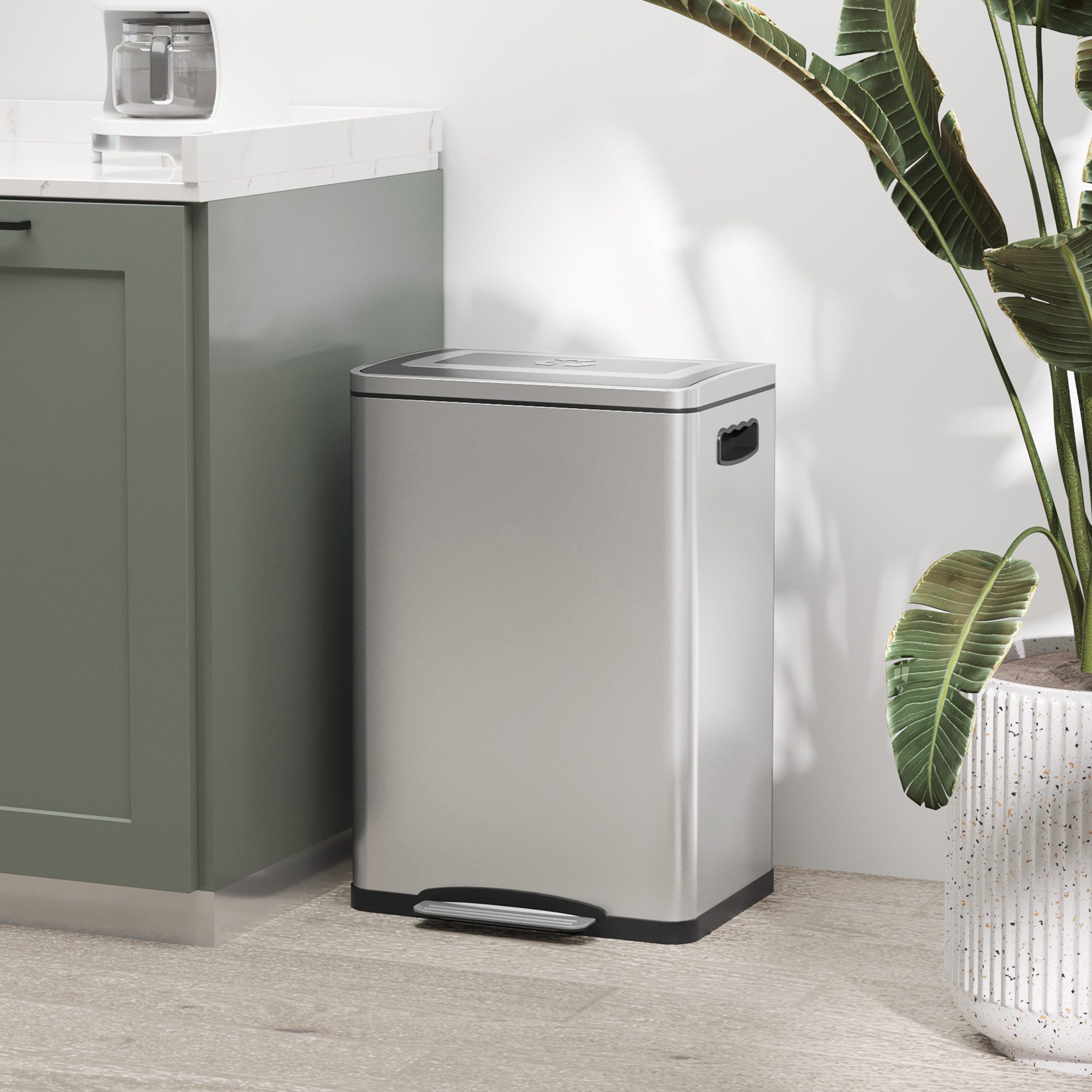 HOMCOM Mülleimer 40L Treteimer Abfalleimer mit 2 Inneneimern, Soft-Close, für Wohnzimmer, Büro, Edelstahl, Silber, 40 x 34,8 x 59 cm