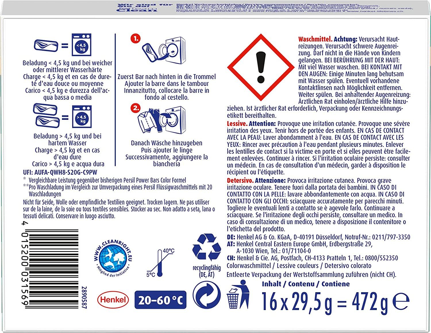 Persil Color Power Bars 16 WL Colorwaschmittel (16-St. Bars für reine Wäsche & hygienische Frische)