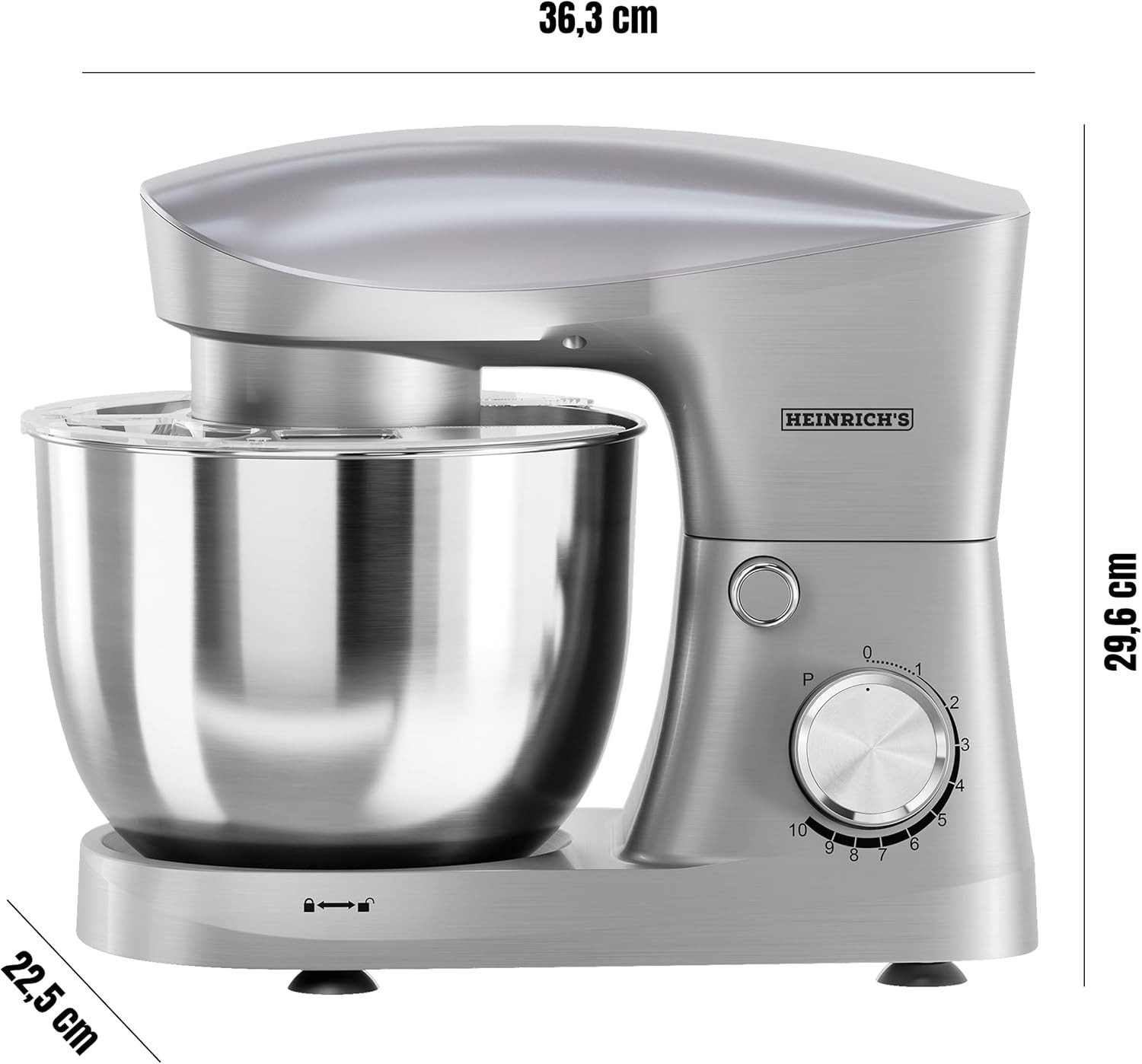 Heinrich´s Küchenmaschine, 1500 W, 6 l Schüssel, 1500W, 6L Edelstahl, 10 Geschwindigkeiten