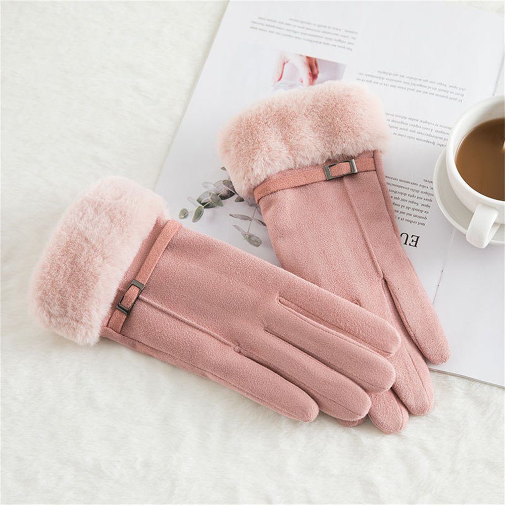 Rouemi Lederhandschuhe Damen-Mode-Handschuhe, warme Plüsch-Wildleder-Handschuhe Rosa