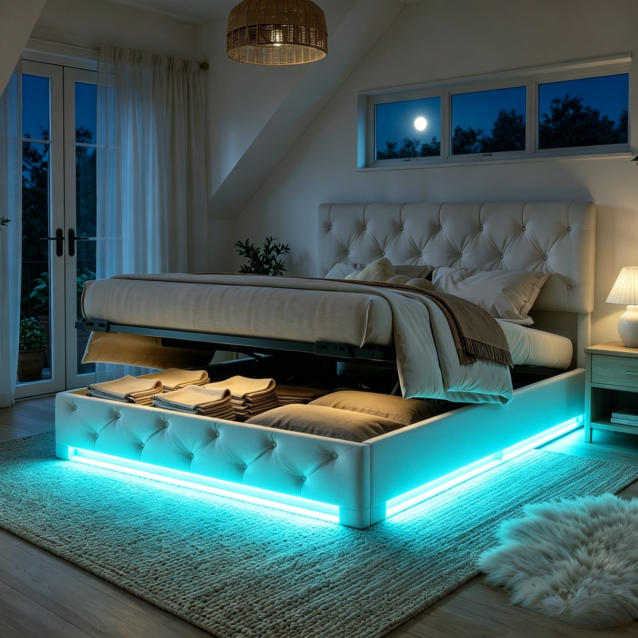 Furnishings Home Polsterbett Stauraumbett Doppelbett mit LED 140x200 cm (Modernes Jugendbett, Leises Design Bett, Max. Belastbarkeit 350 kg), Mit LED-Beleuchtung, Bettkasten, Lattenrost, Leinen