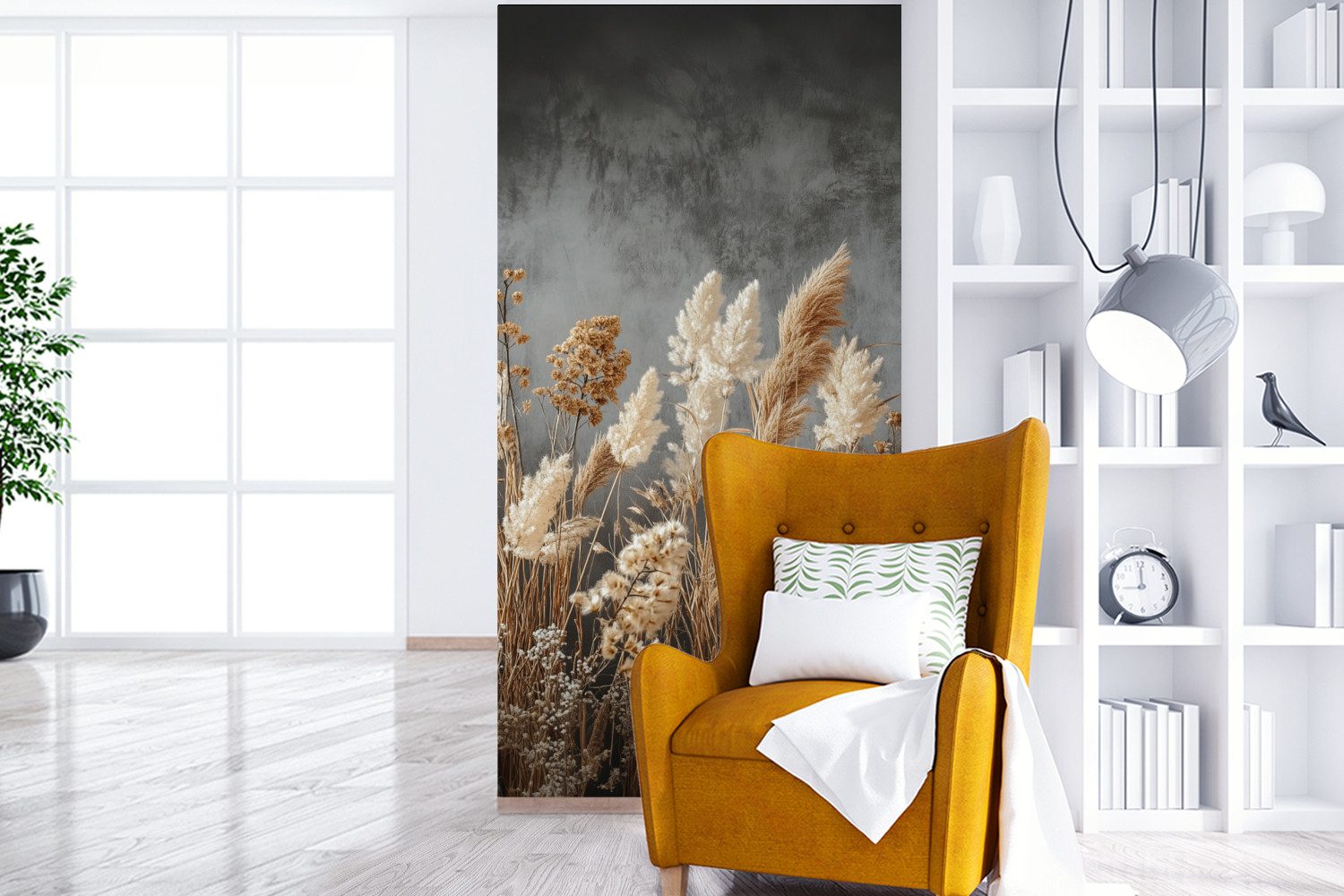 MuchoWow Fototapete Getrocknete Feldblumen - Grau - Beton, Matt, bedruckt, Vliestapete für Wohnzimmer Schlafzimmer Küche, Fototapete, 120x240 cm