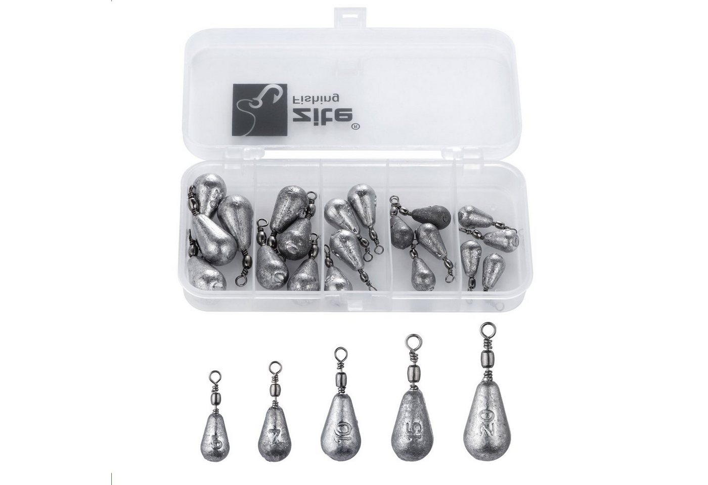 Zite Birnenblei Sortiment 5-20g in Tacklebox - Angelgewichte für Raub- und Friedfische