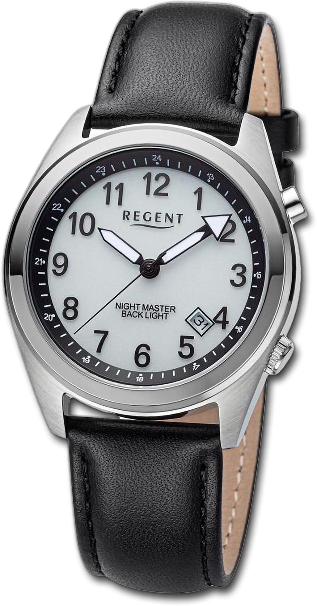 Regent Quarzuhr Regent Herren Armbanduhr Analog, Herrenuhr Lederarmband schwarz, rundes Gehäuse, extra groß (ca 37,6mm)
